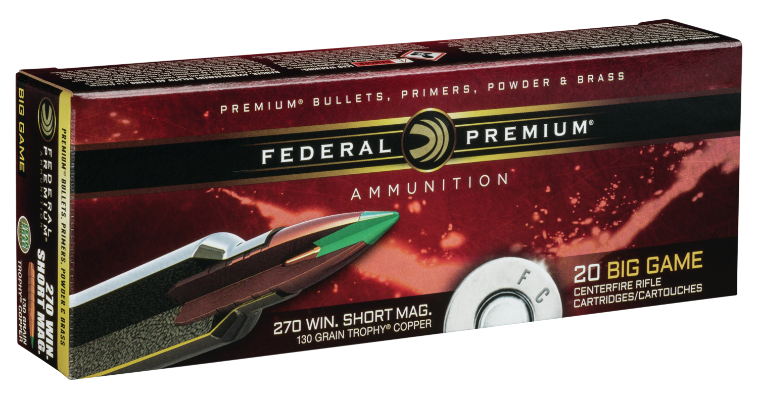 Federal Premium Meat Eater Ammunition 270 Winchester Short Magnum (WSM) 130 Grain Trophy Copper Tipped Boat Tail Lead-Free 20RD