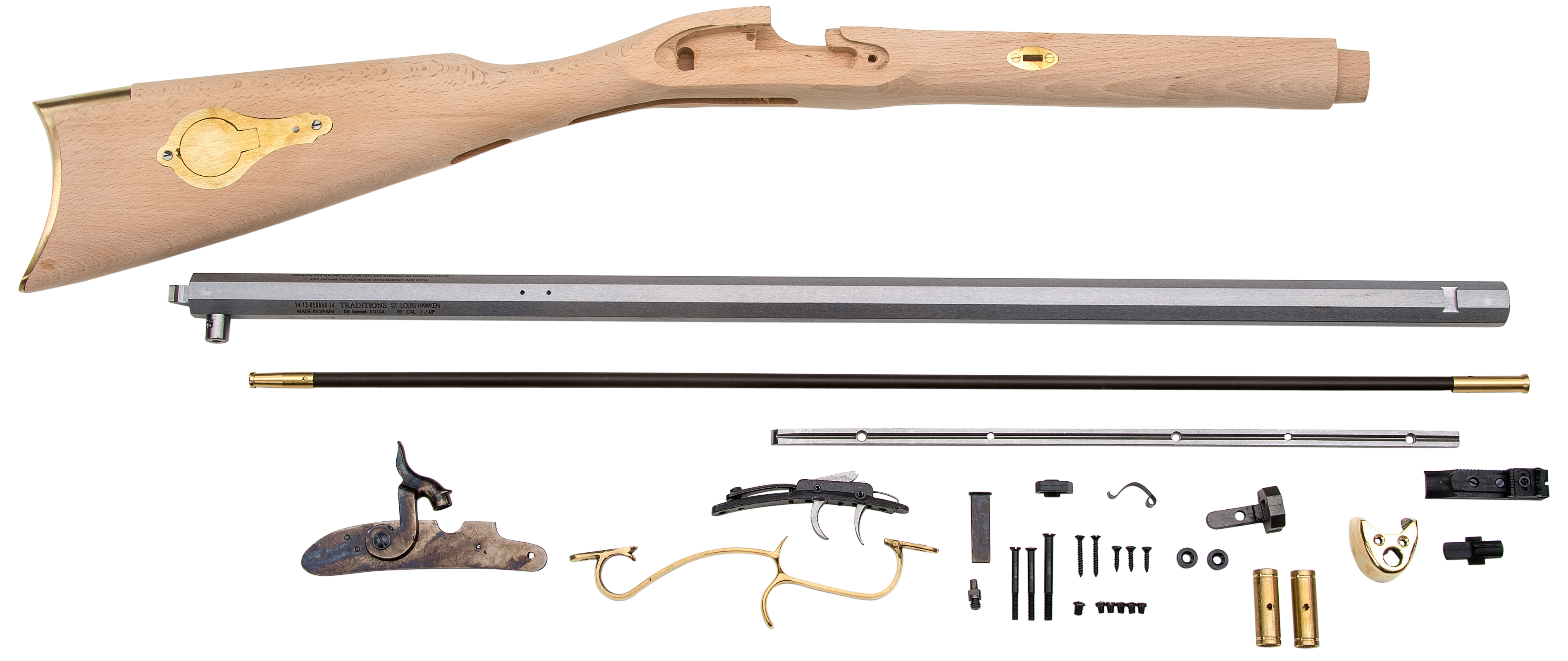Traditions St. Louis Hawken Muzzleloading Rifle Unassembled Kit 50 Caliber Percussion 1 in 48" Twist 28" Barrel in the White