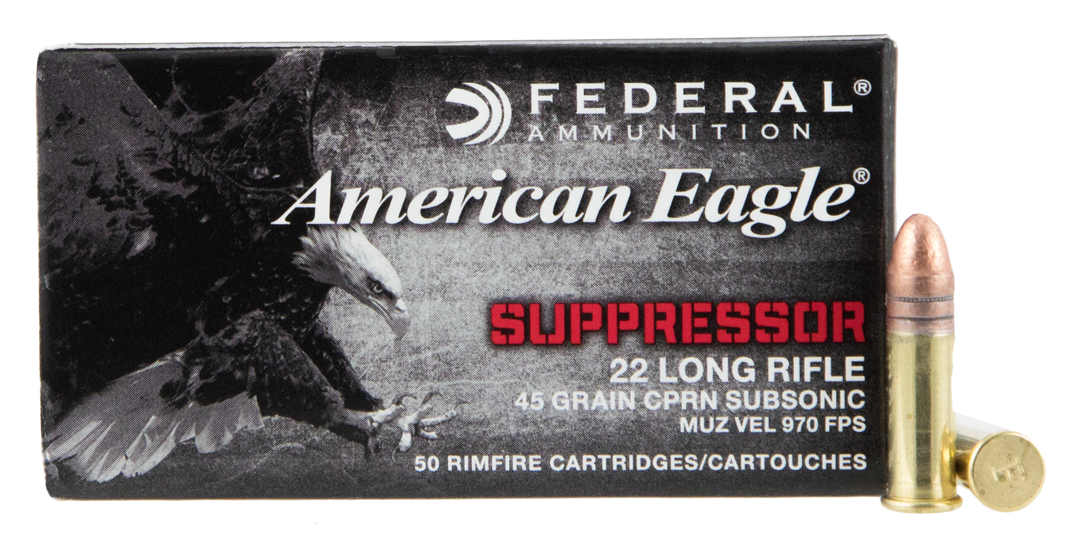 Federal AE22SUP1 American Eagle Suppressor 22 LR 45 gr 970 fps Copper-Plated Round Nose 50 Bx/100 Cs
