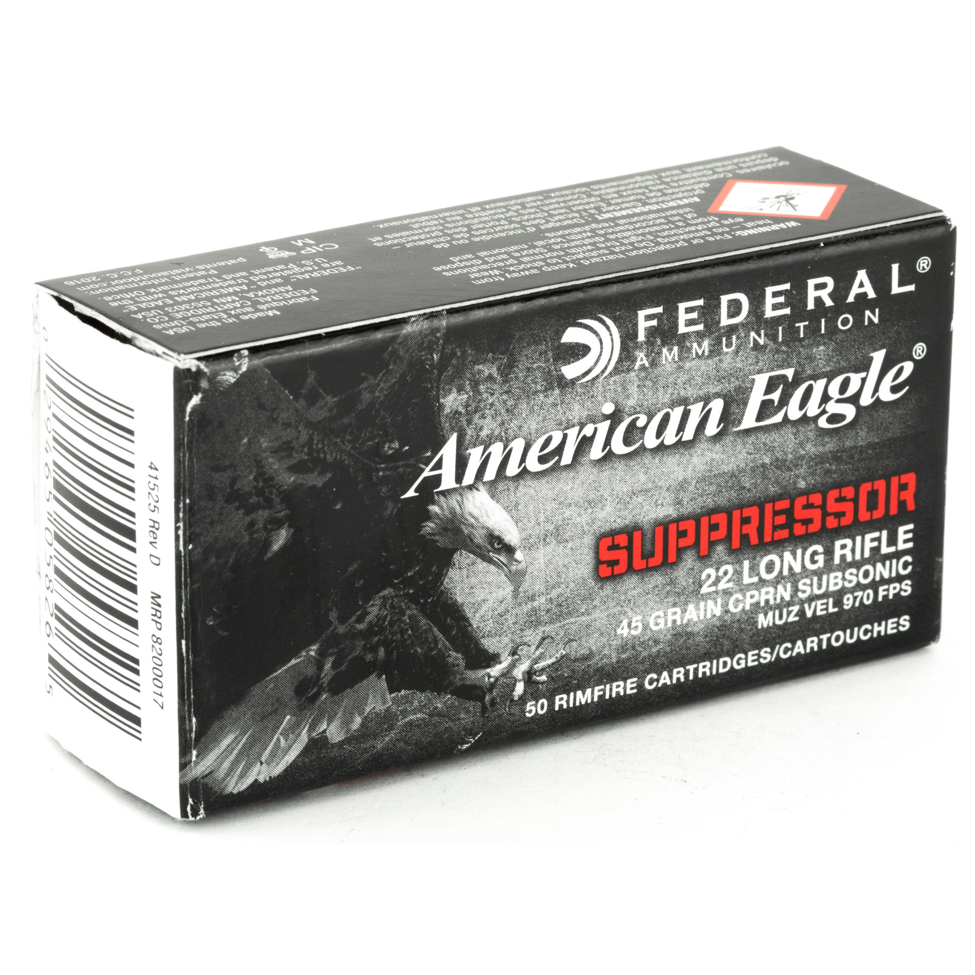 Federal AE22SUP1 American Eagle Suppressor 22 LR 45 gr 970 fps Copper-Plated Round Nose 50 Bx/100 Cs