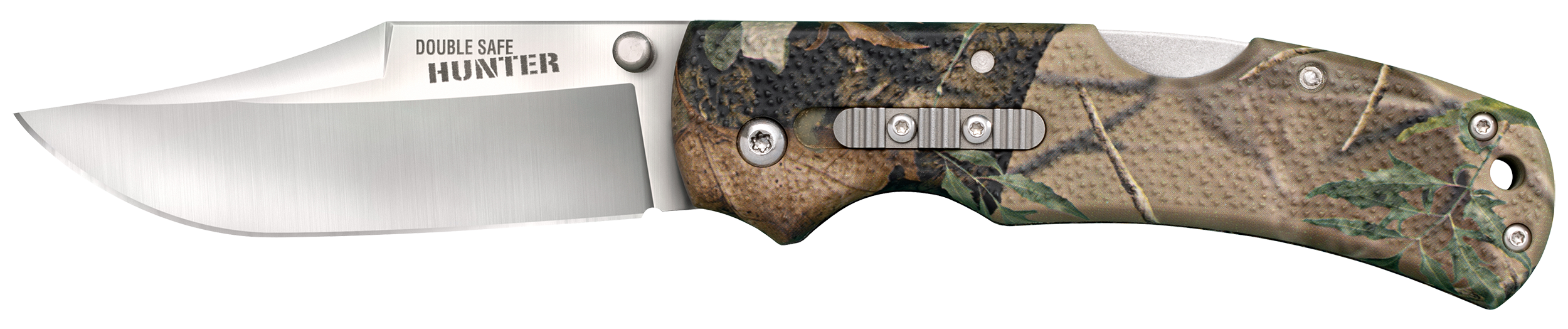 Cold Steel CS23JE Double Safe Hunter 3.50" Folding Clip Point Plain Satin 8Cr13MoV SS Blade/ Camo GFN Handle Includes Pocket Clip