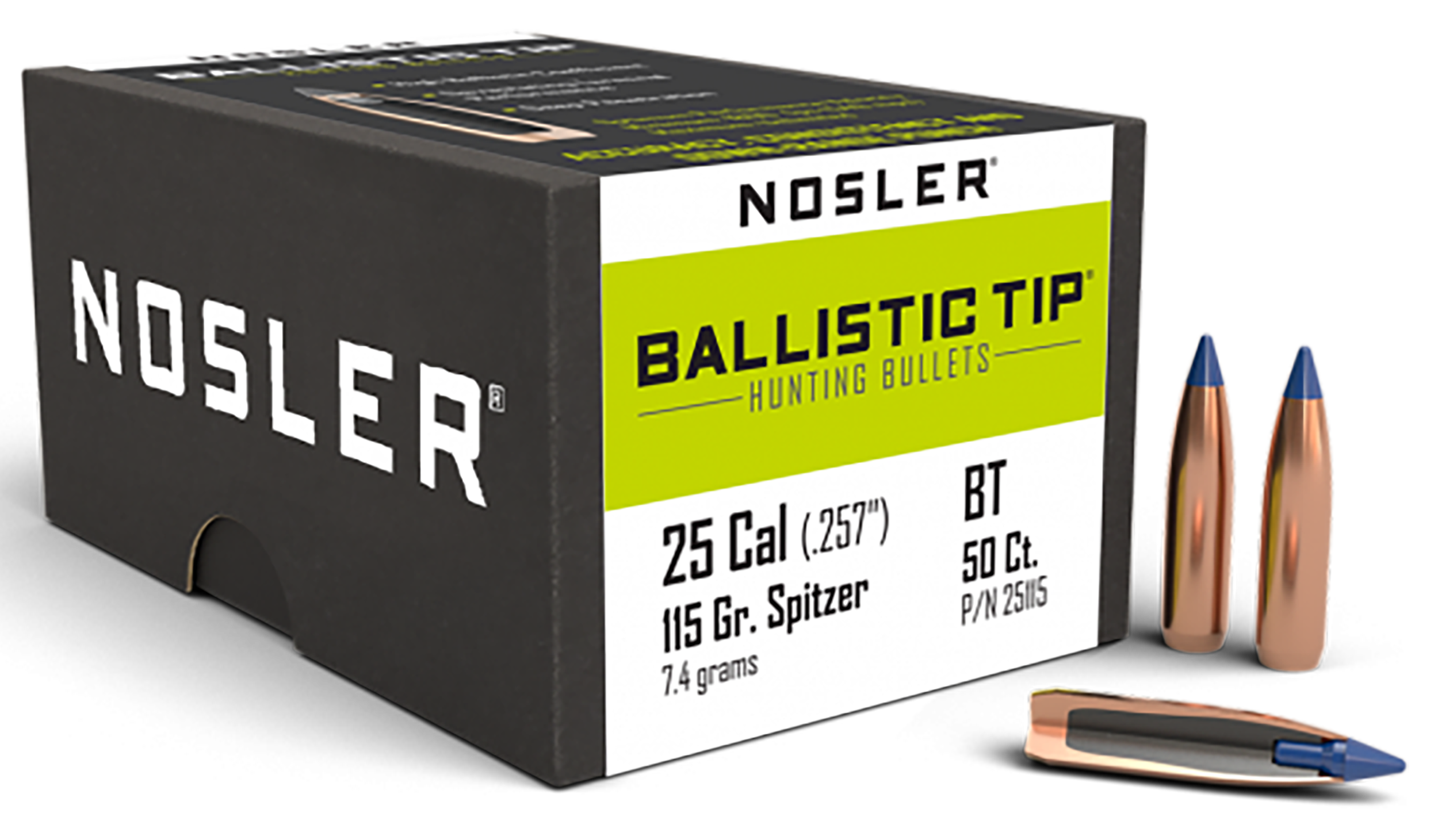 Nosler 25115 Ballistic Tip Hunting 25 Cal .257 115 gr Spitzer Point 50 Per Box