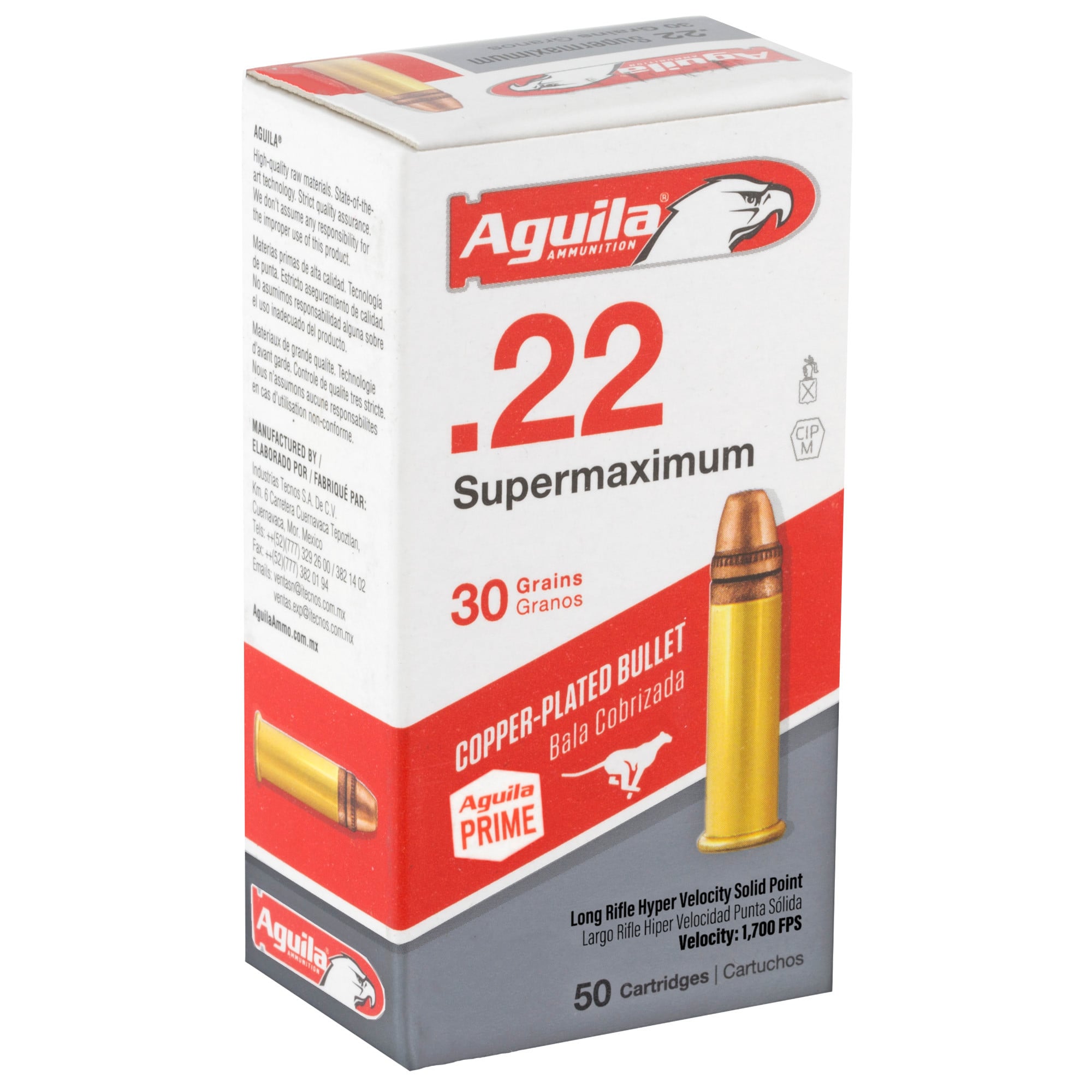 Aguila Super Maximum Ammunition 22 Long Rifle 30 Grain Plated Lead Round Nose