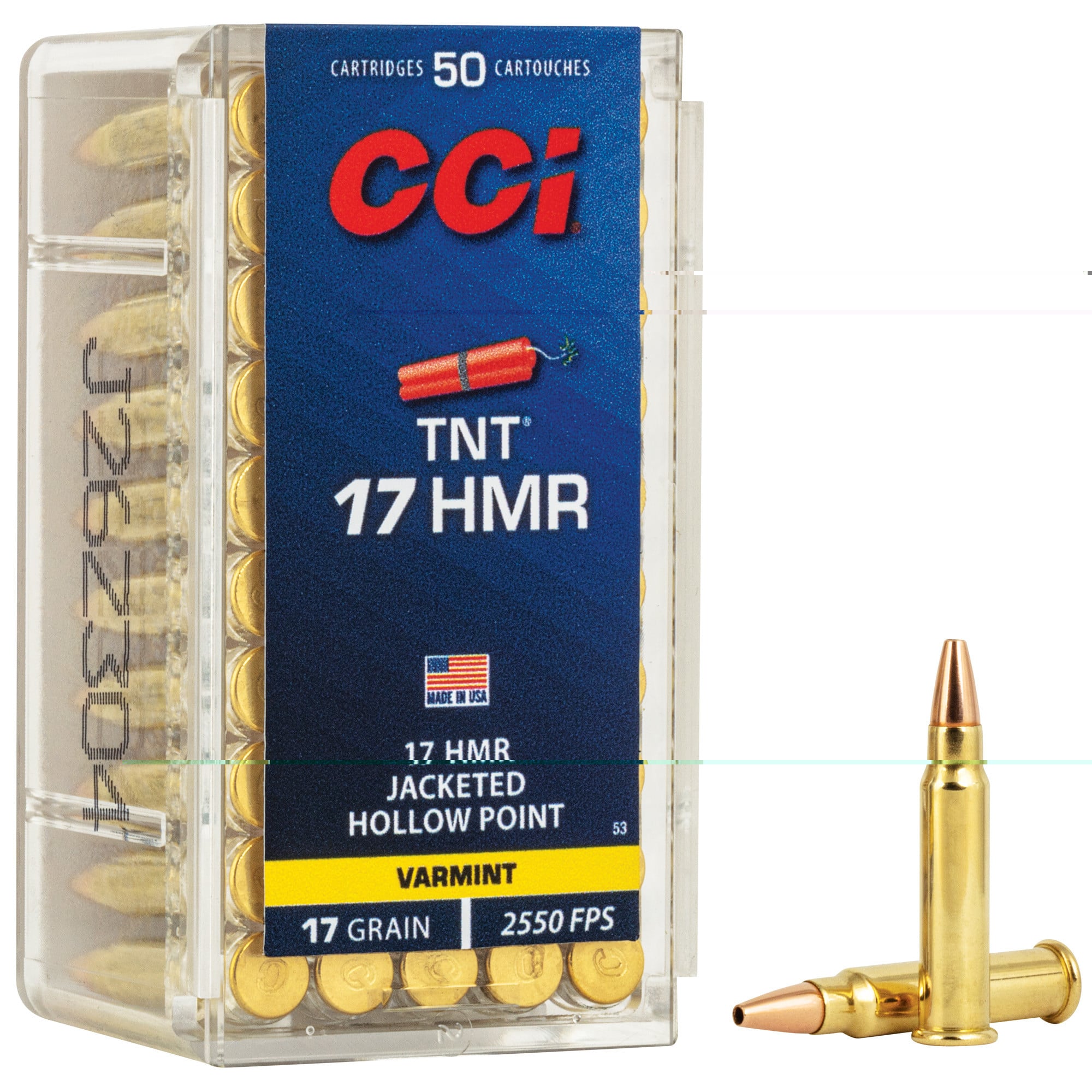 CCI 0053 Varmint TNT 17 HMR 17 gr 2550 fps Jacketed Hollow Point (JHP) 50 Bx/40 Cs