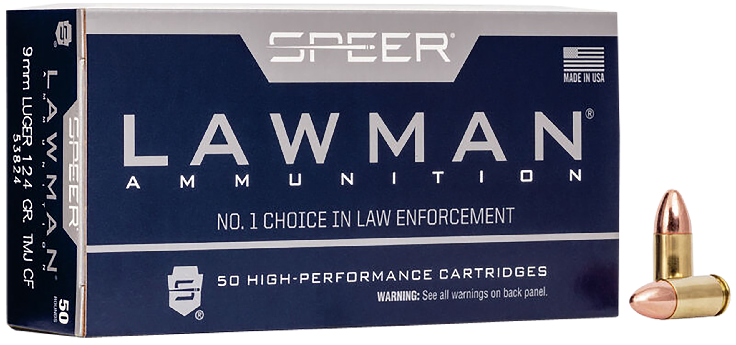 Speer 53824 Lawman Training Clean-Fire 9mm Luger 124 gr 1090 fps Total Metal Jacket Round Nose (TMJRN) 50 Bx/20 Cs