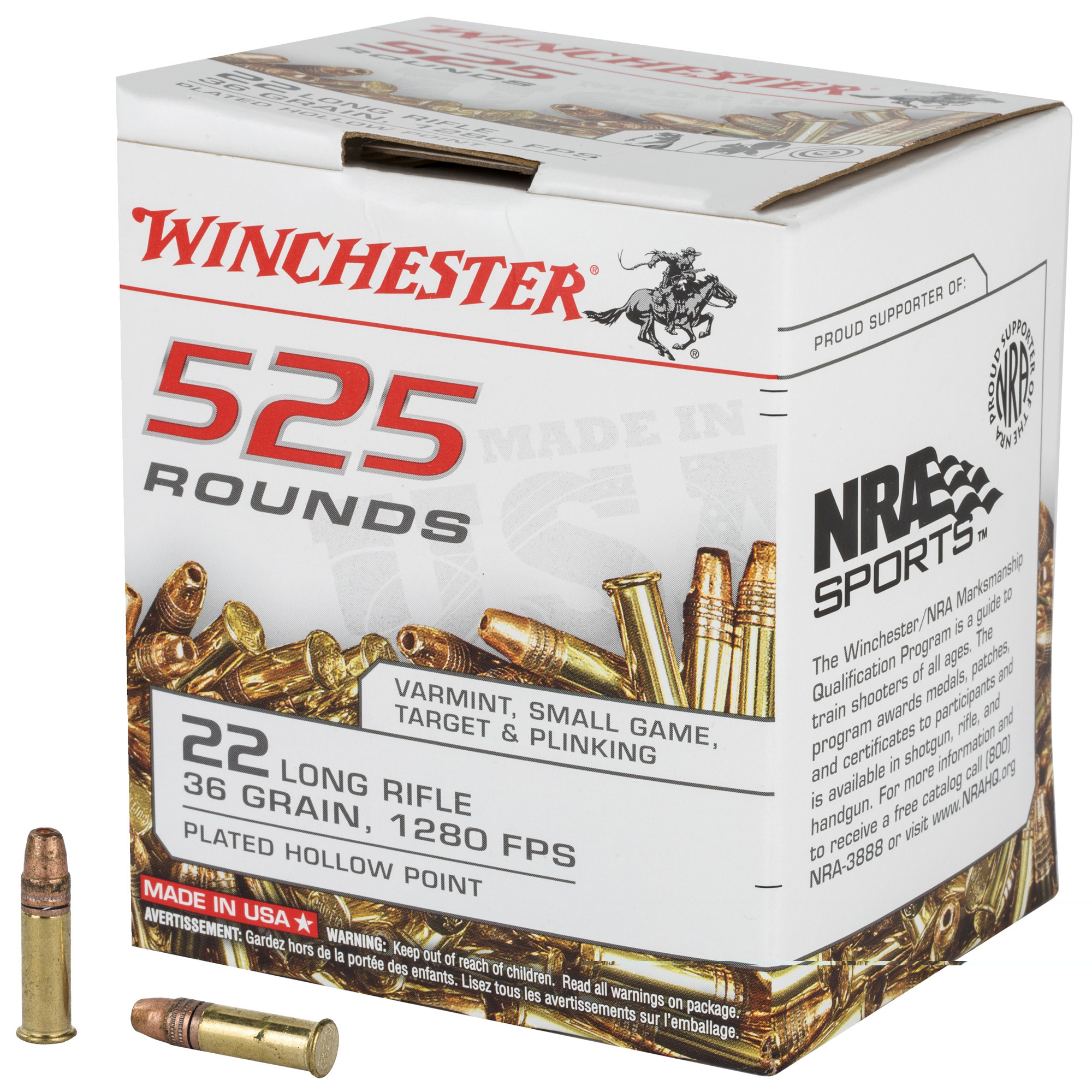 Winchester Ammo 22LR525HP USA22 LR 36 gr Copper Plated Hollow Point (CPHP) 525ea  (Bulk)