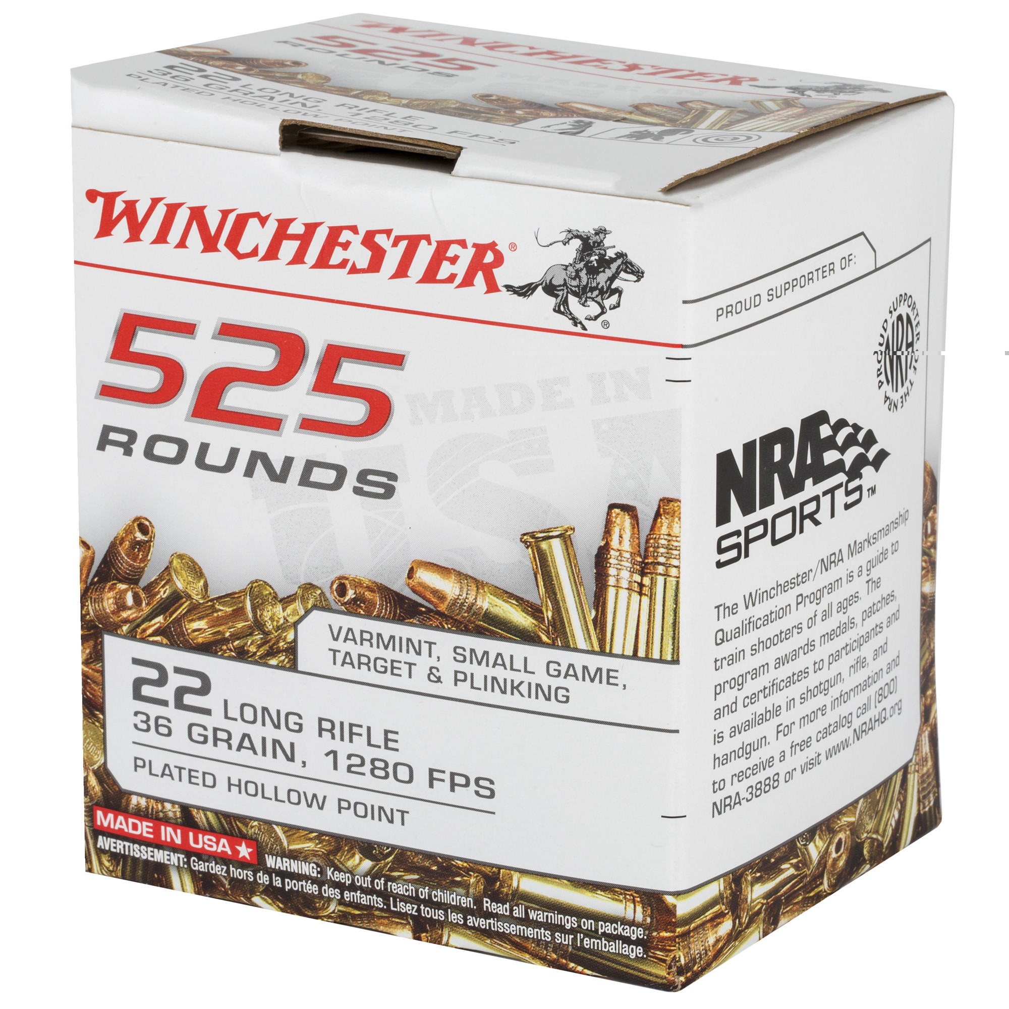 Winchester Ammo 22LR525HP USA22 LR 36 gr Copper Plated Hollow Point (CPHP) 525ea  (Bulk)