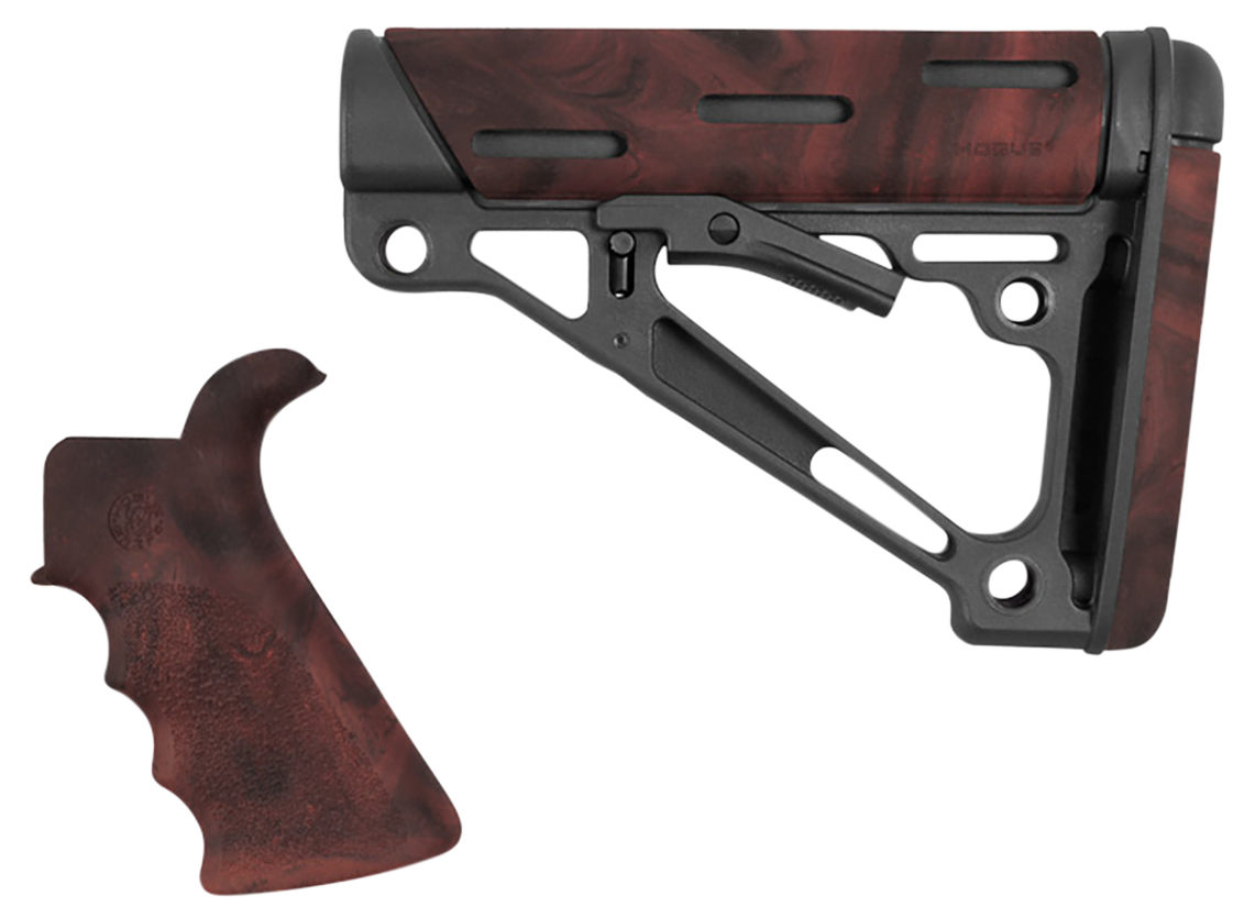Hogue 15456 OverMolded Collapsible Buttstock made of Synthetic Material with Black Finish, Red Lava OverMolded Rubber & Includes Red Lava Rubber Finger Grooved Grip for AR-15, M16 with Mil-Spec Buffer Tube (Tube Not Included)