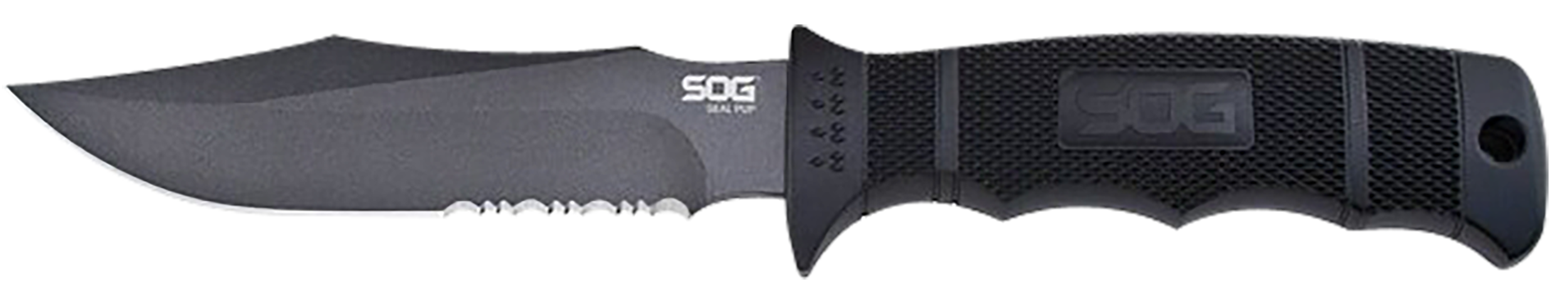 S.O.G SOGM37NCP Seal Pup4.75" Fixed Clip Point Part Serrated Powder Coated AUS-8A SS Blade Black w/Raised Diamond Pattern GRN Handle Includes Lanyard/Sheath