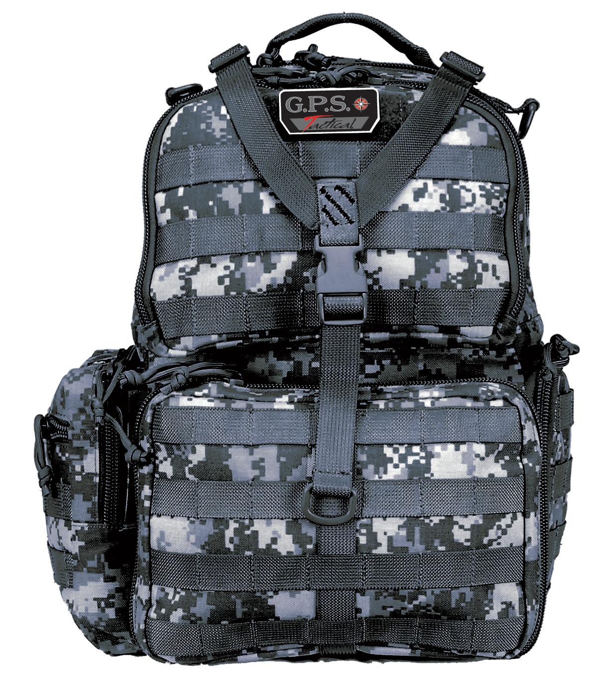 GPS Bags T1612BPG Tactical Backpack Gray Digital 1000D Polyester with Removable Pistol Storage, Visual ID Storage System & Lockable Zippers Holds 3 Handguns, Ammo & Accessories
