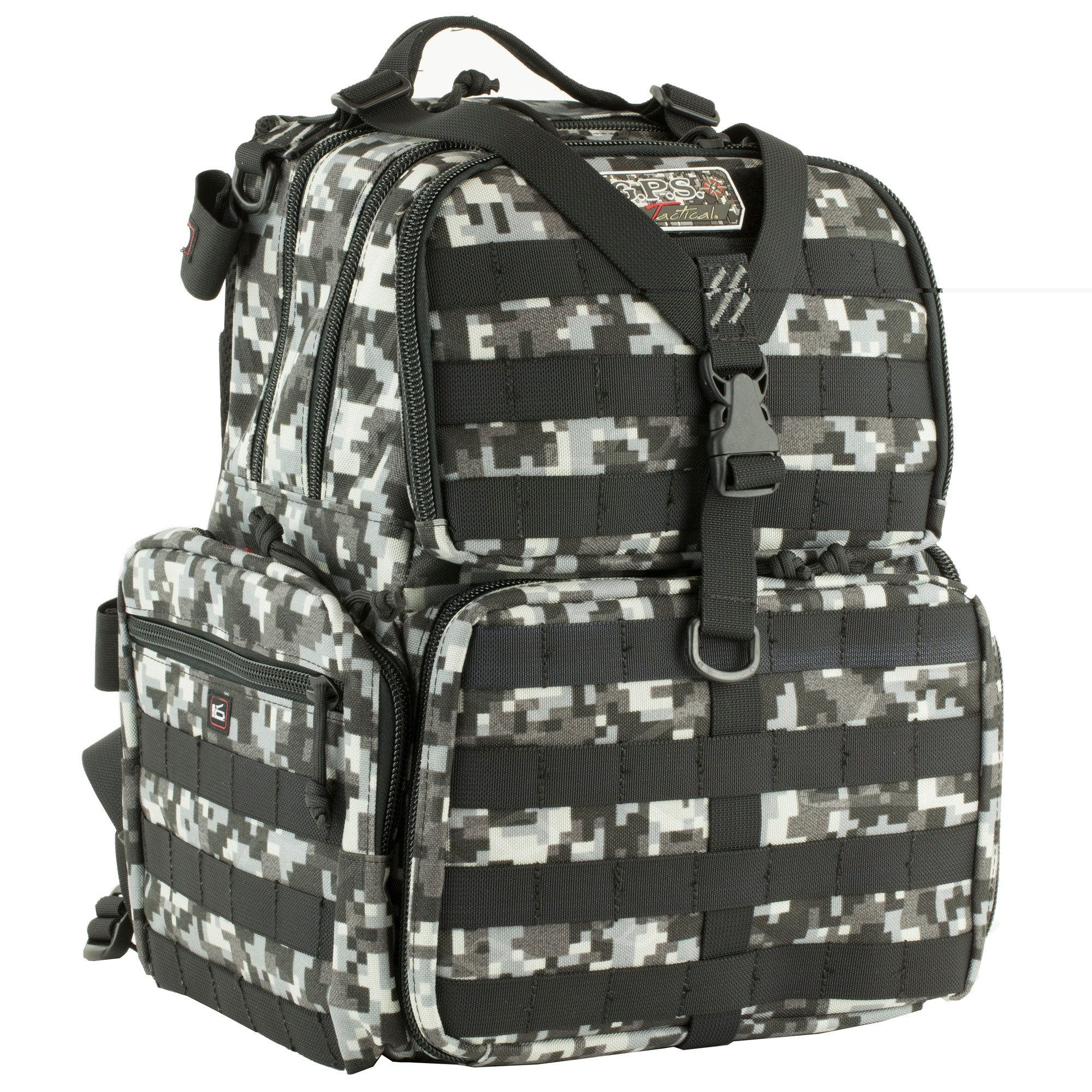 GPS Bags T1612BPG Tactical Backpack Gray Digital 1000D Polyester with Removable Pistol Storage, Visual ID Storage System & Lockable Zippers Holds 3 Handguns, Ammo & Accessories