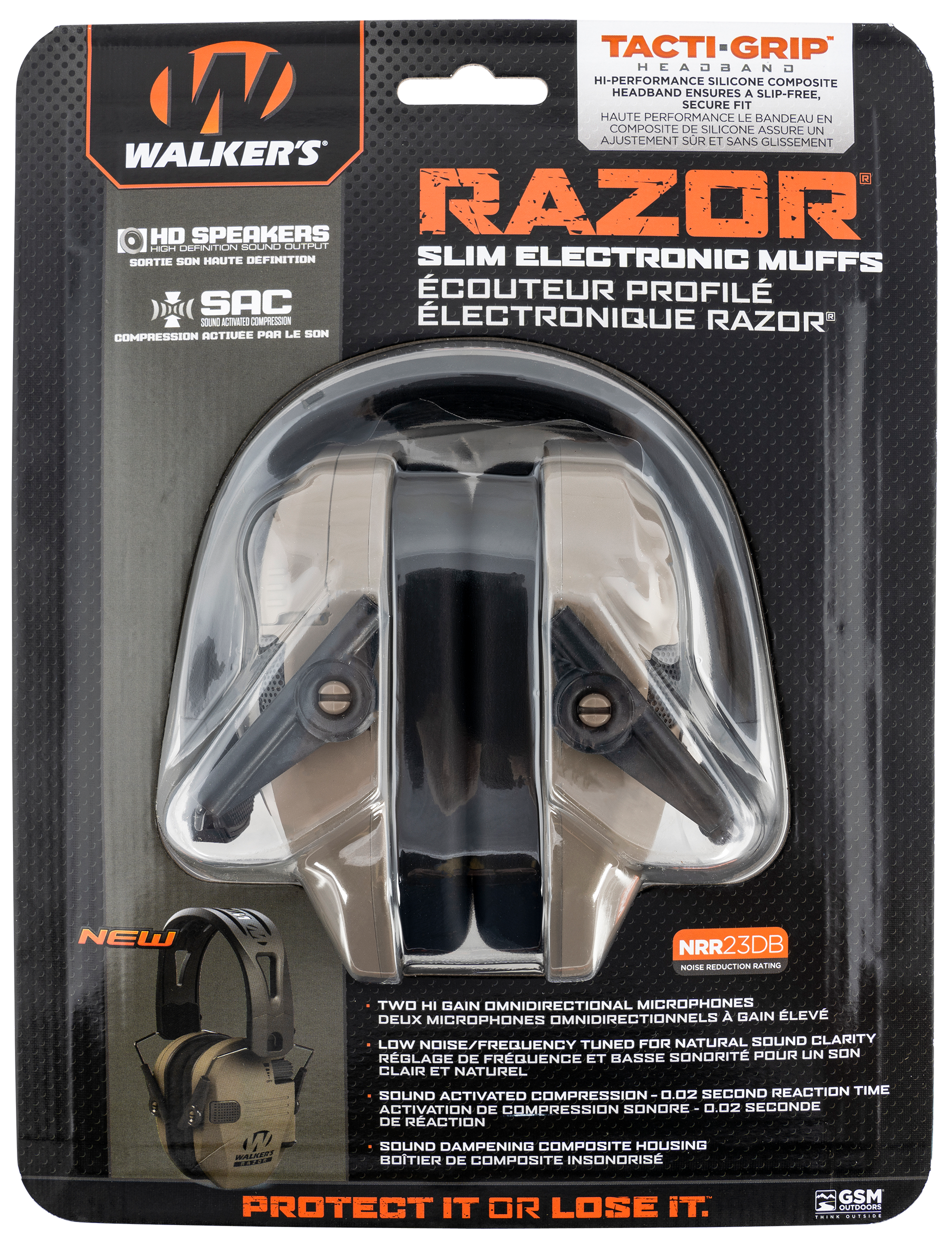 Walker's GWPRSEMRHFDE Razor Slim Electronic Muff Polymer 23 dB Over the Head Flat Dark Earth/Black Adult