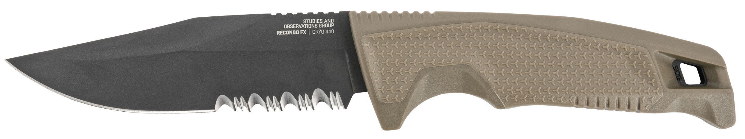 S.O.G SOG17220457 Recondo FX 4.60" Fixed Part Serrated Satin TiNi Full Tang Cryo 440C SS Blade/ FDE Overmolded GRN Handle