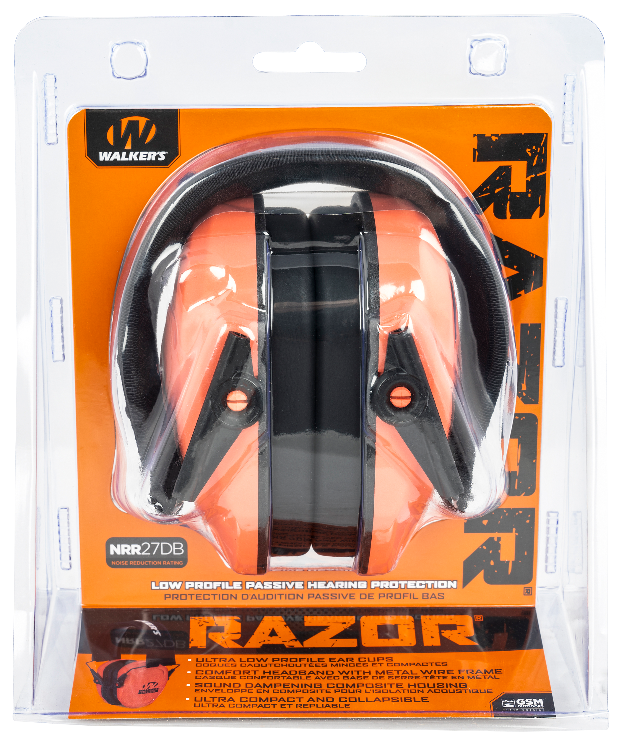 Walker's GWPRSMPASCOR Razor Slim Passive Muff Polymer 27 dB Over the Head Coral/Black Adult