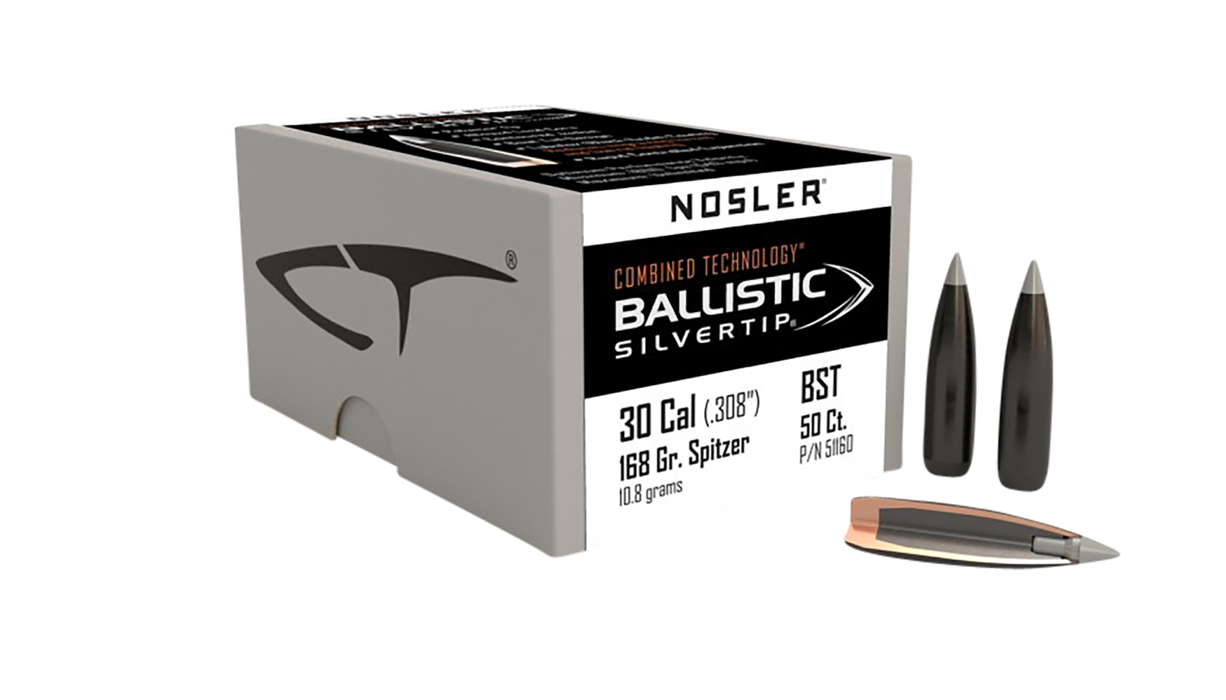 Combined Technology Ballistic Silvertip Hunting Bullets 30 Caliber (308 Diameter) 168 Grain Boat Tail Box of 50