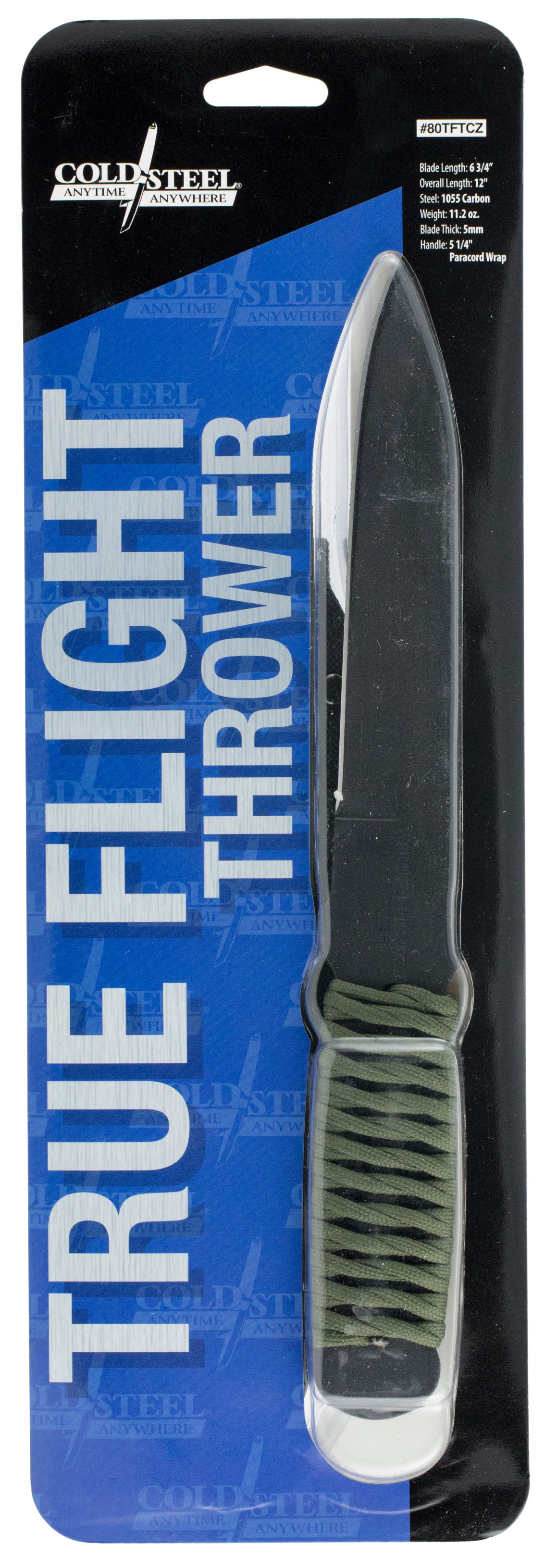 Cold Steel 80TFTC True Flight Thrower 6.75" Fixed Spear Point Plain Black 1055 Carbon Steel Blade/Paracord Wrap OD Handle