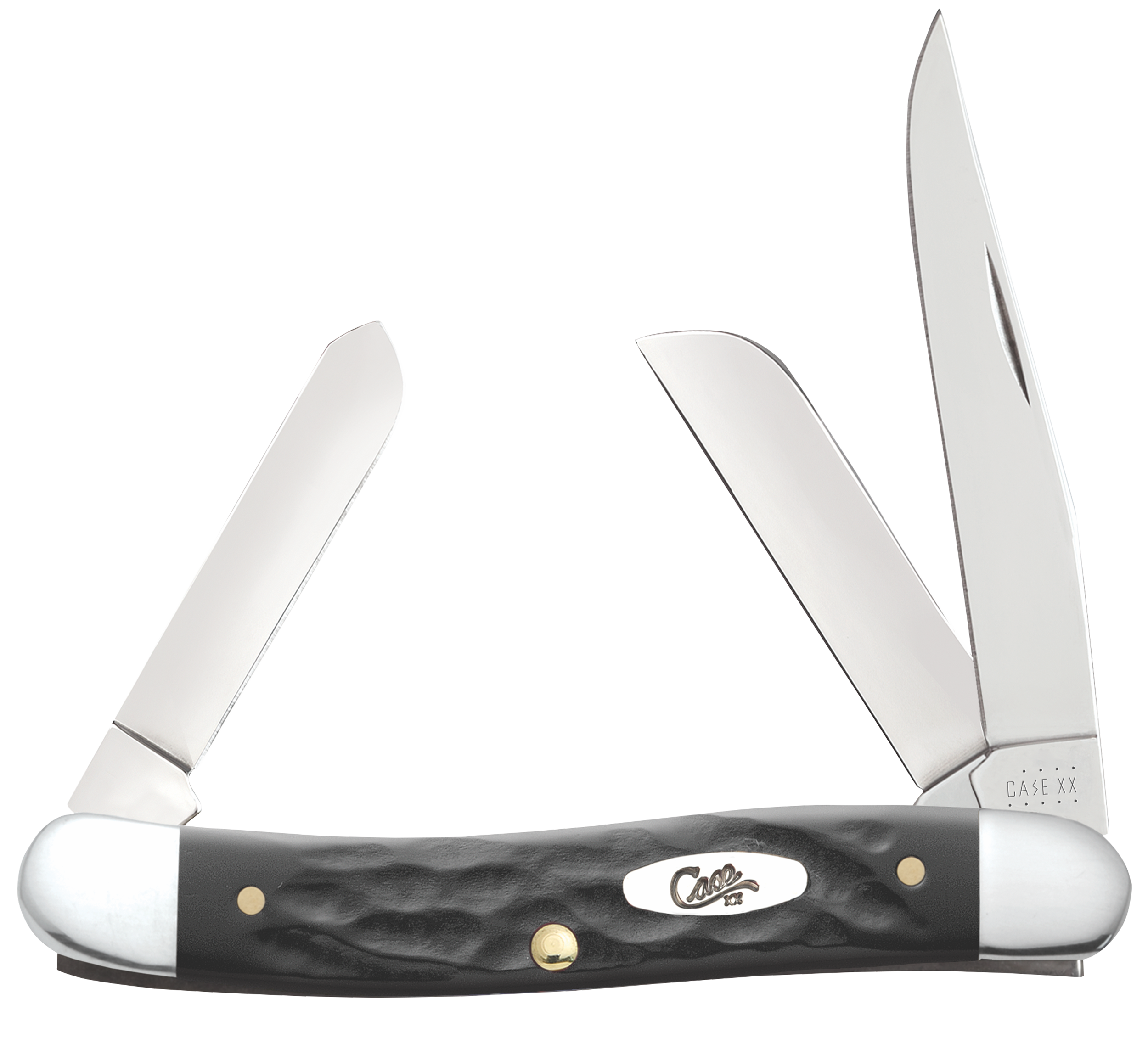 Case 18222 StockmanMedium 2.57"/1.88"/1.71" Folding Clip/Sheepsfoot/Spey Plain Mirror Polished Tru-Sharp SS Blade/Rough Black Jigged Synthetic Handle