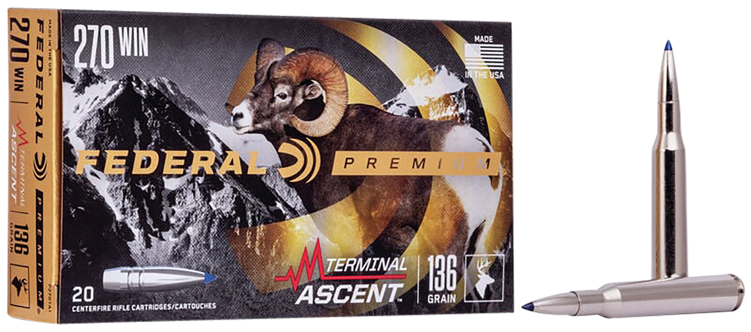 Federal Premium Terminal Ascent Ammunition 270 Winchester 136 Grain Polymer Tip Bonded Boat Tail 20RD