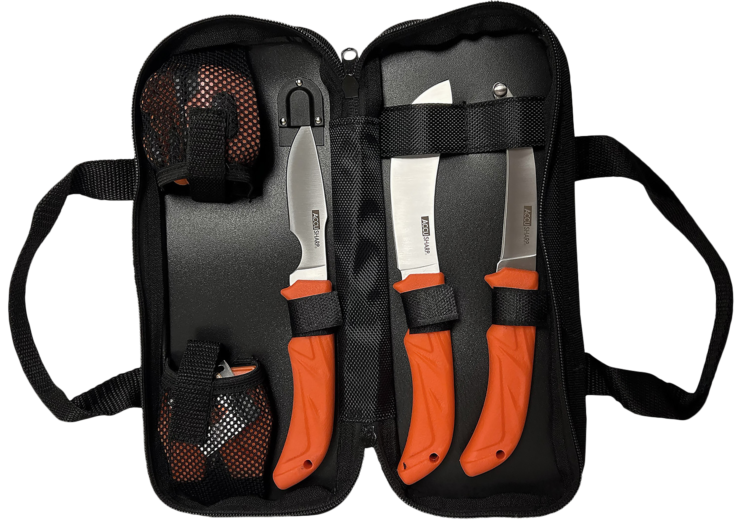 AccuSharp 738C Processing KitFixed Butcher/Caping/Gutting Plain Stainless Steel Blades/Blaze Orange Non-Slip Grip 6 Piece Includes Nylon Case