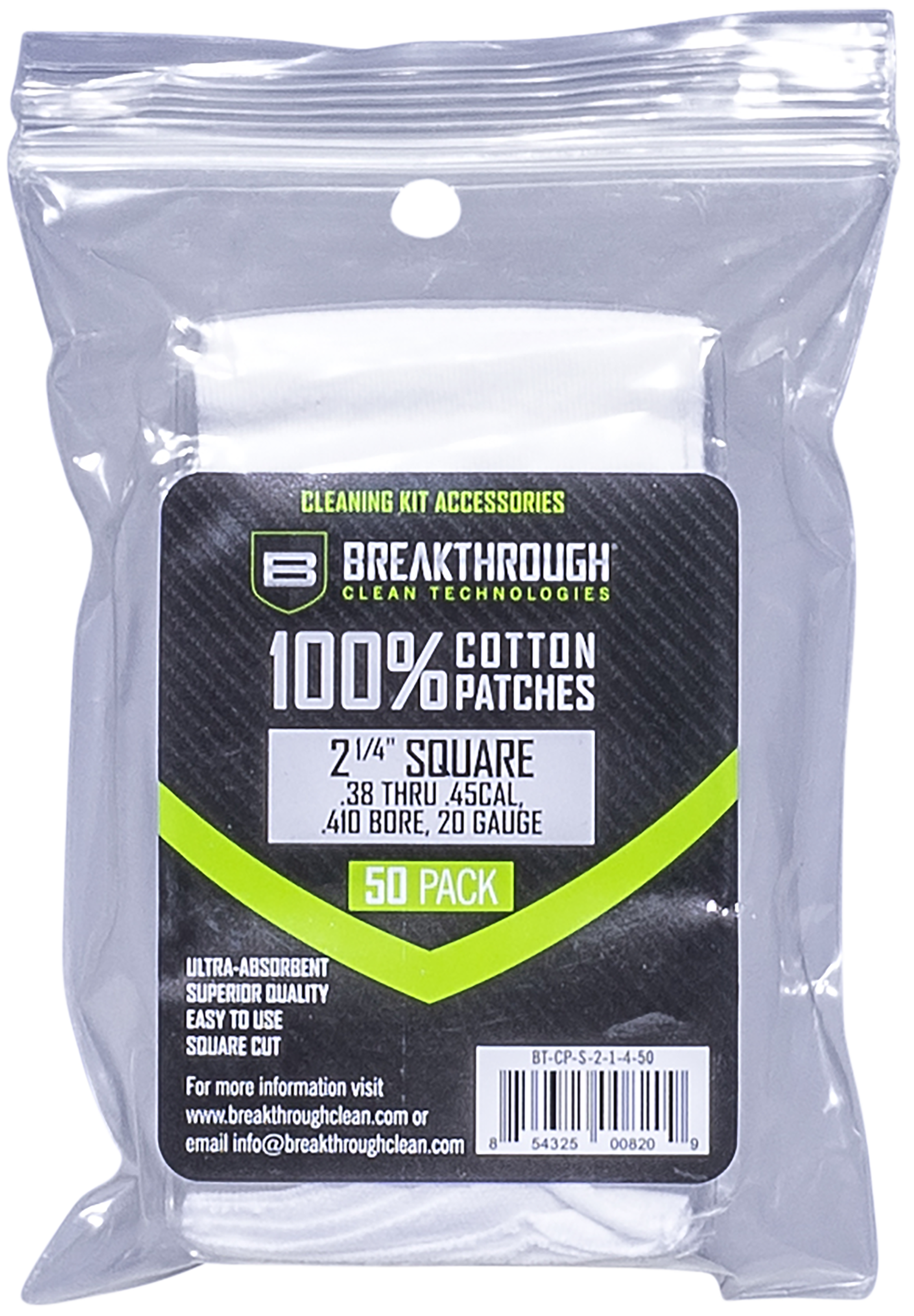 Breakthrough Clean BTCPS21/450 Square Cleaning Patches100% Cotton 50 Pack For .38-.45 Cal & .410-20 Gauge