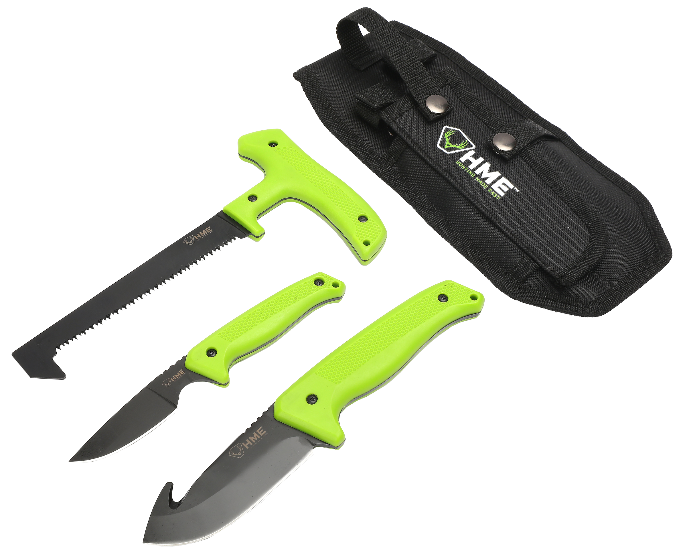 HME KN3PFK 3-Piece Field Kit Fixed 420HC Stainless Steel Black Oxide Thermoplastic Rubber Green 9.50" Gut Hook/8.75" Saw/7.50" Caper