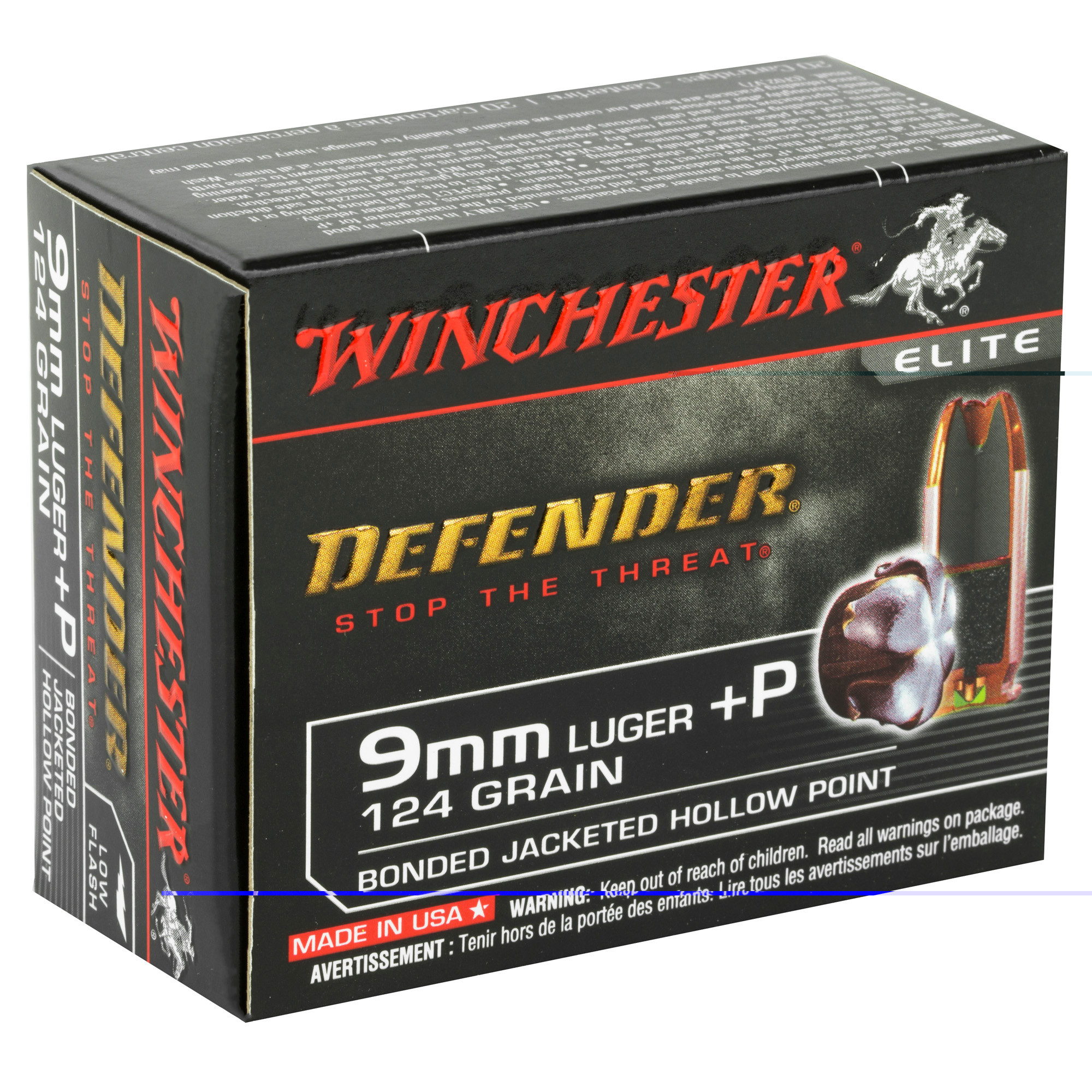 Winchester Defender Ammunition 9mm Luger +P 124 Grain Bonded Jacketed Hollow Point 20RD