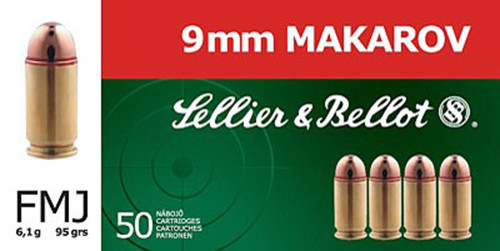 Sellier & Bellot Ammunition 9x18mm (9mm Makarov) 95 Grain Full Metal Jacket Box of 50