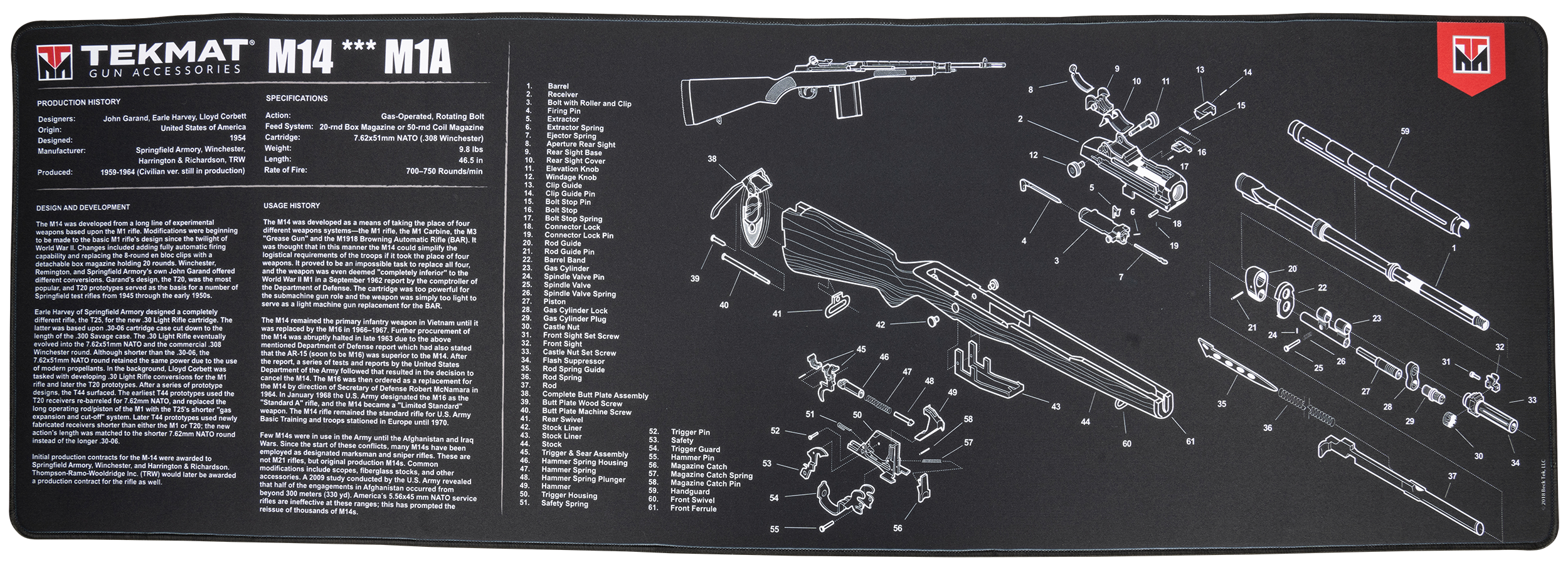 TekMat TEKR44M14 M14 (M1A) Cleaning Mat Black/White Thermoplastic Fiber Top w/Vulcanized Rubber Back 44" x 15" M14 (M1A) Parts Diagram Illustration