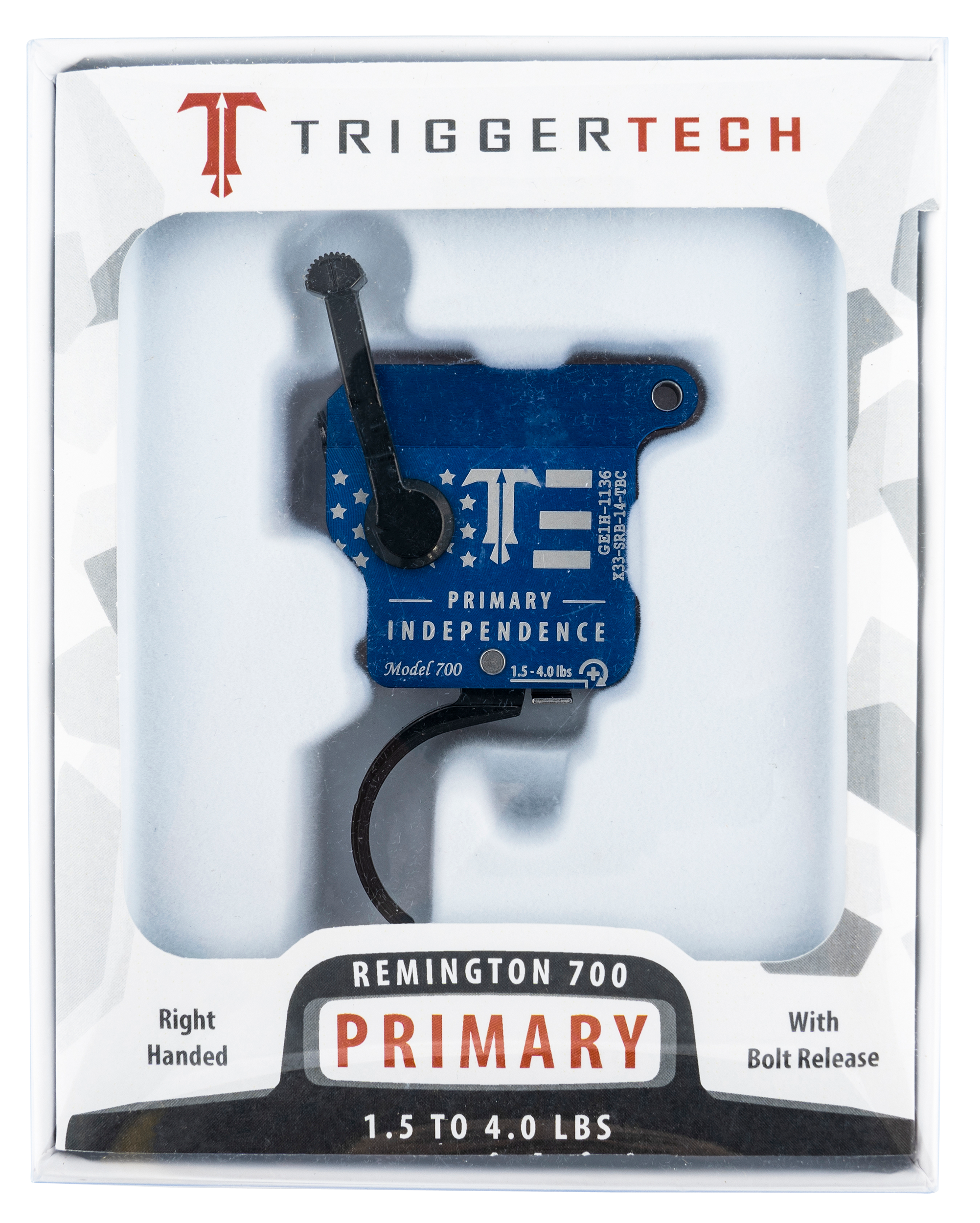 TriggerTech X33SRB14TBC Primary Independence Single-Stage Curved Trigger with 1.50-4 lbs Draw Weight, Red & Blue with White Engraving Finish for Remington 700
