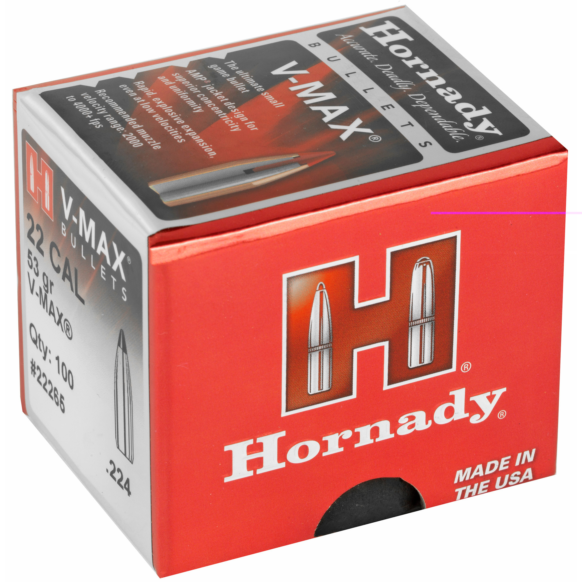 Hornady V-MAX Bullets 22 Caliber (224 Diameter) 53 Grain Boat Tail Box of 100