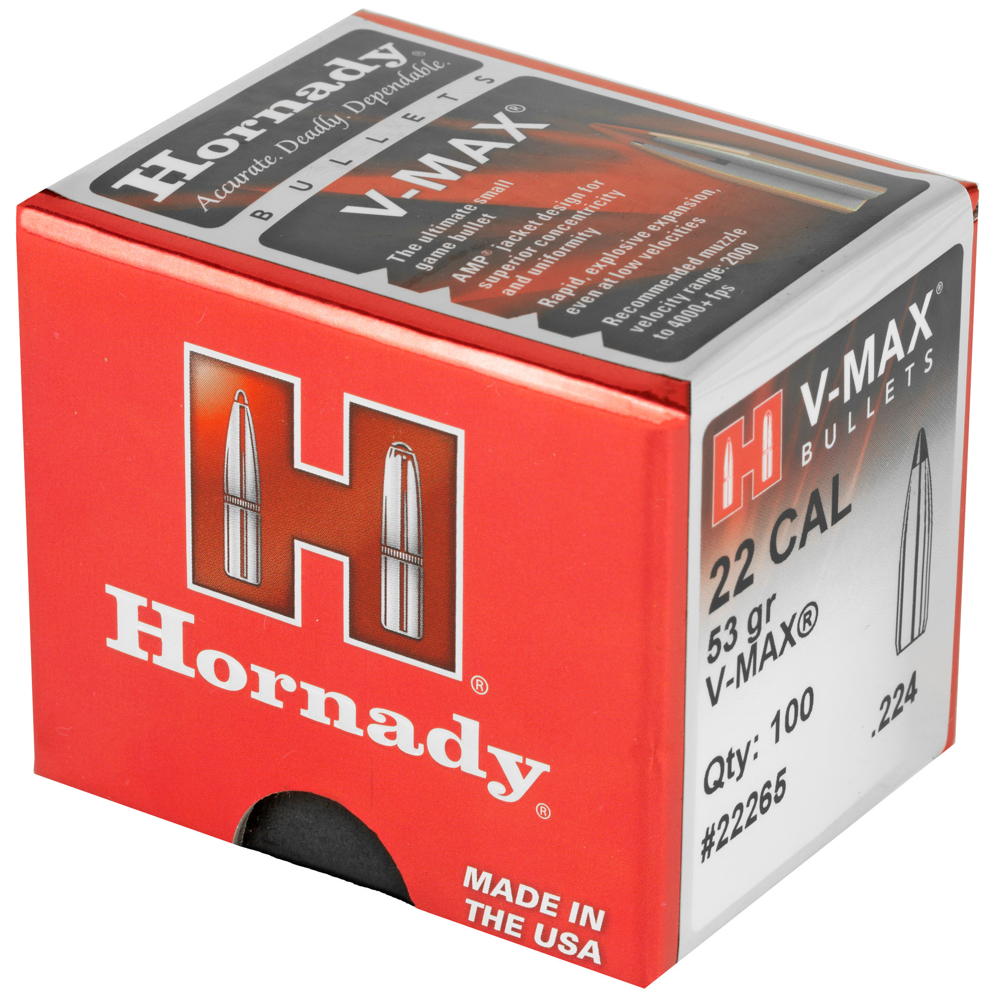 Hornady V-MAX Bullets 22 Caliber (224 Diameter) 53 Grain Boat Tail Box of 100