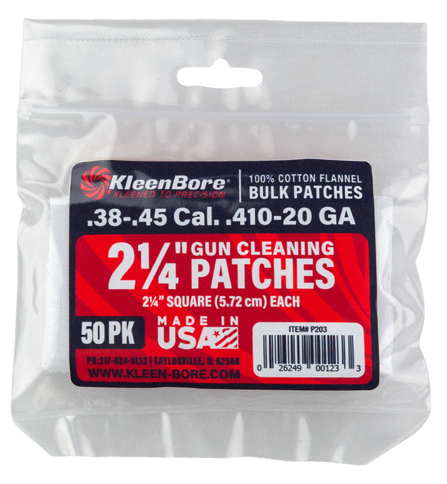 KleenBore P203 Super Shooter38/45 Cal/20/410 Gauge 2.25" 100% Cotton Flannel 50 Per Pack