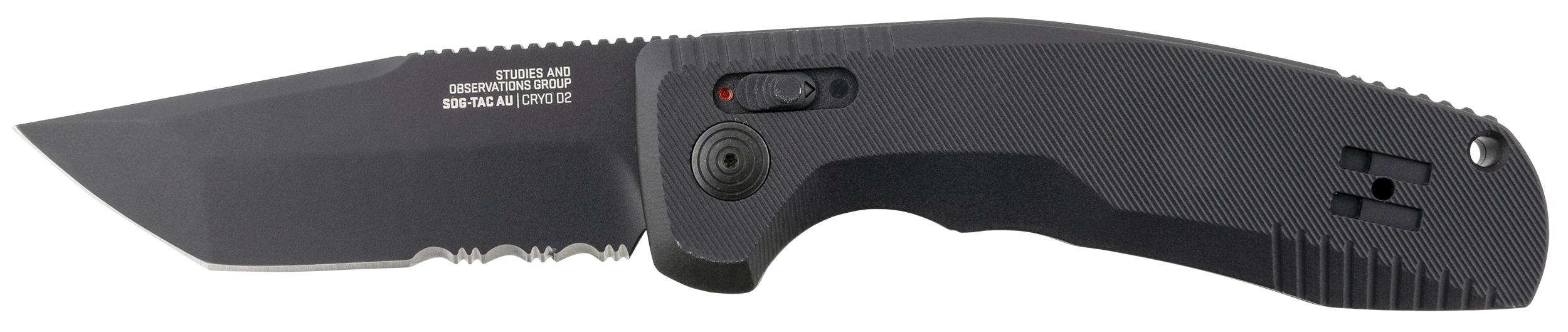 S.O.G SOG15380457 SOG-TAC Auto 3.43" Folding Tanto Part Serrated Black TiNi Cryo D2 Steel Blade Black Micro-Textured Anodized Aluminum Handle Includes Pocket Clip