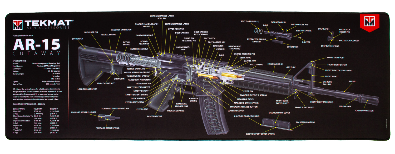 TekMat TEKR44AR15CA AR-15 3D Cutaway Ultra Cleaning Mat Black/White Rubber 44" Long AR-15 3D Cutaway