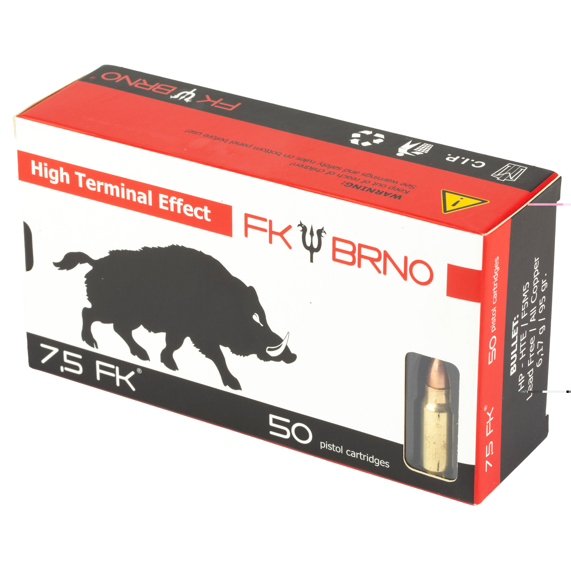 FK BRNO F5 Ammunition 7.5 FK 95 Grain Copper Nose-Discarding Hollow Point Lead-Free Box of 50