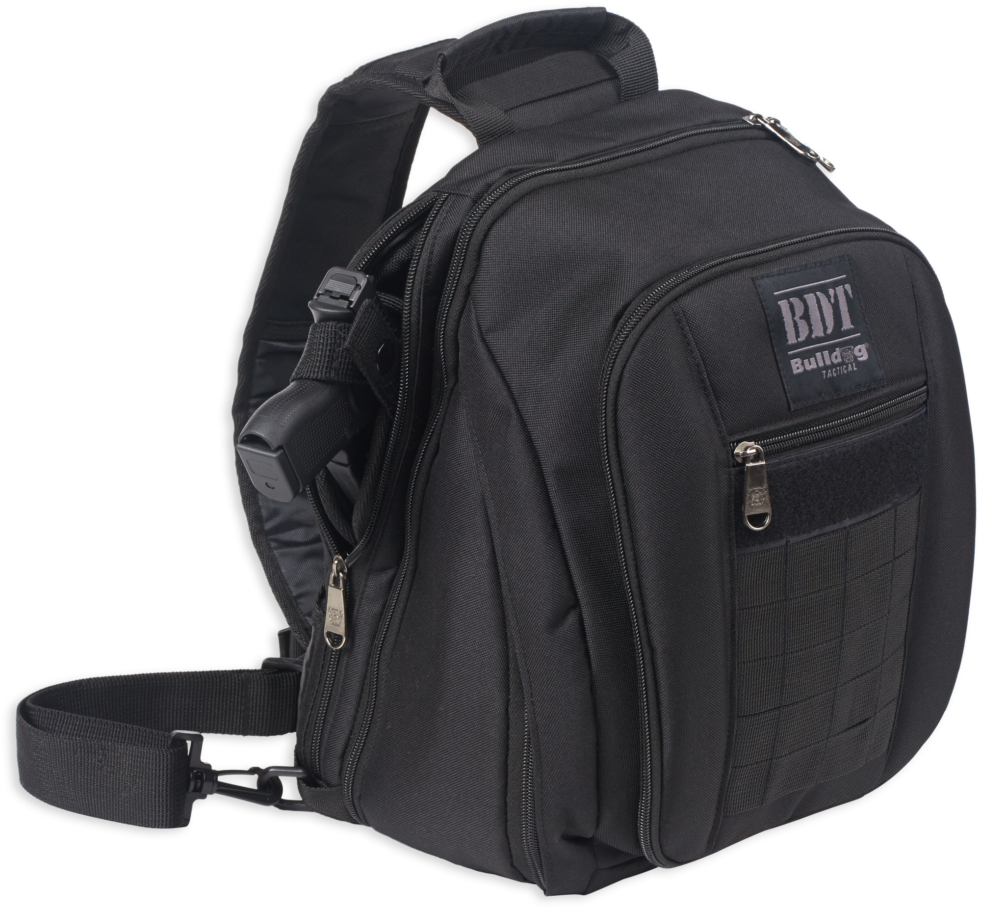 Bulldog BDT408B BDT Tactical Sling Pack Small Style made of Nylon with Black Finish, Padded Compartments, Conceal Carry Pockets & Includes Universal Holster 14" H x 10" W x 7" D