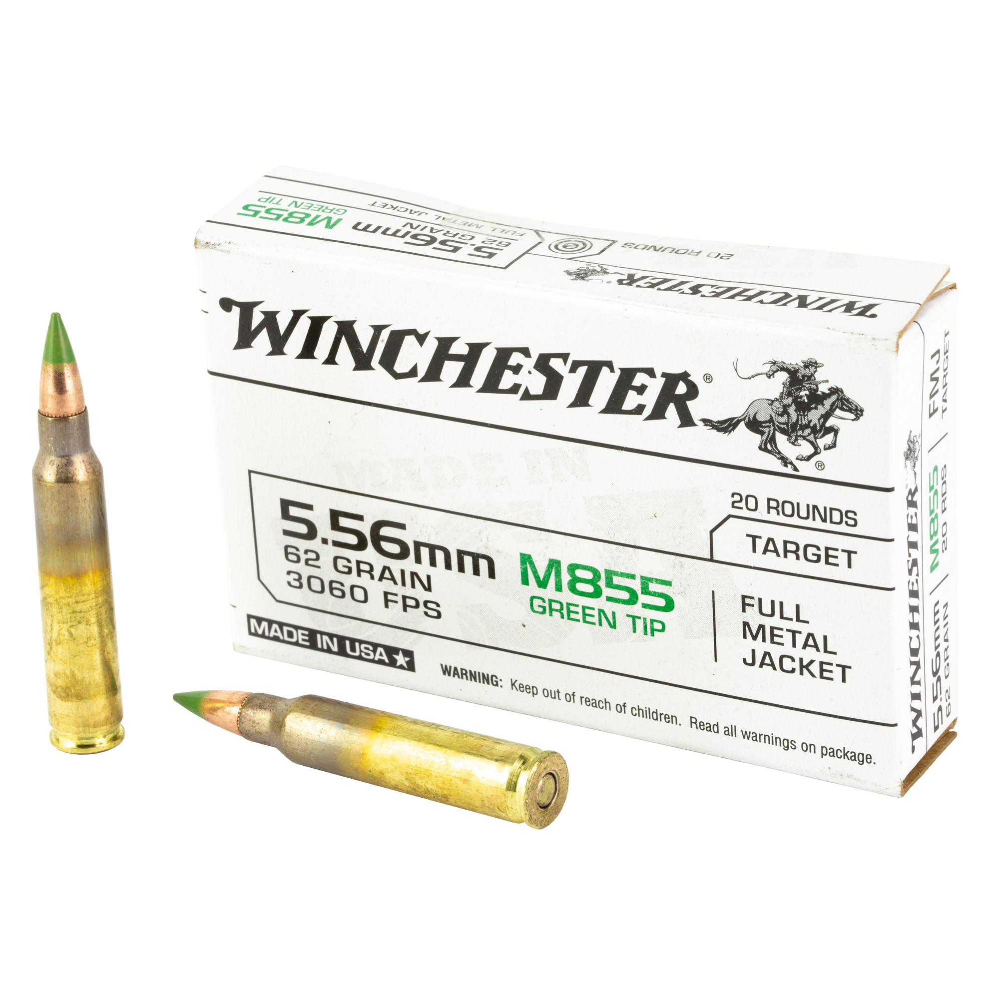 Winchester Ammo WM855K USA M855 Green Tip 5.56x45mm NATO 62 gr 3060 fps FMJ20 Bx/50 Cs