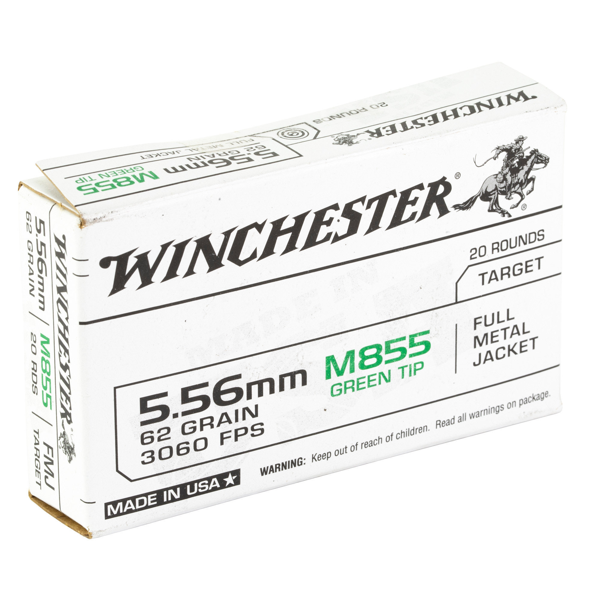 Winchester Ammo WM855K USA M855 Green Tip 5.56x45mm NATO 62 gr 3060 fps FMJ20 Bx/50 Cs