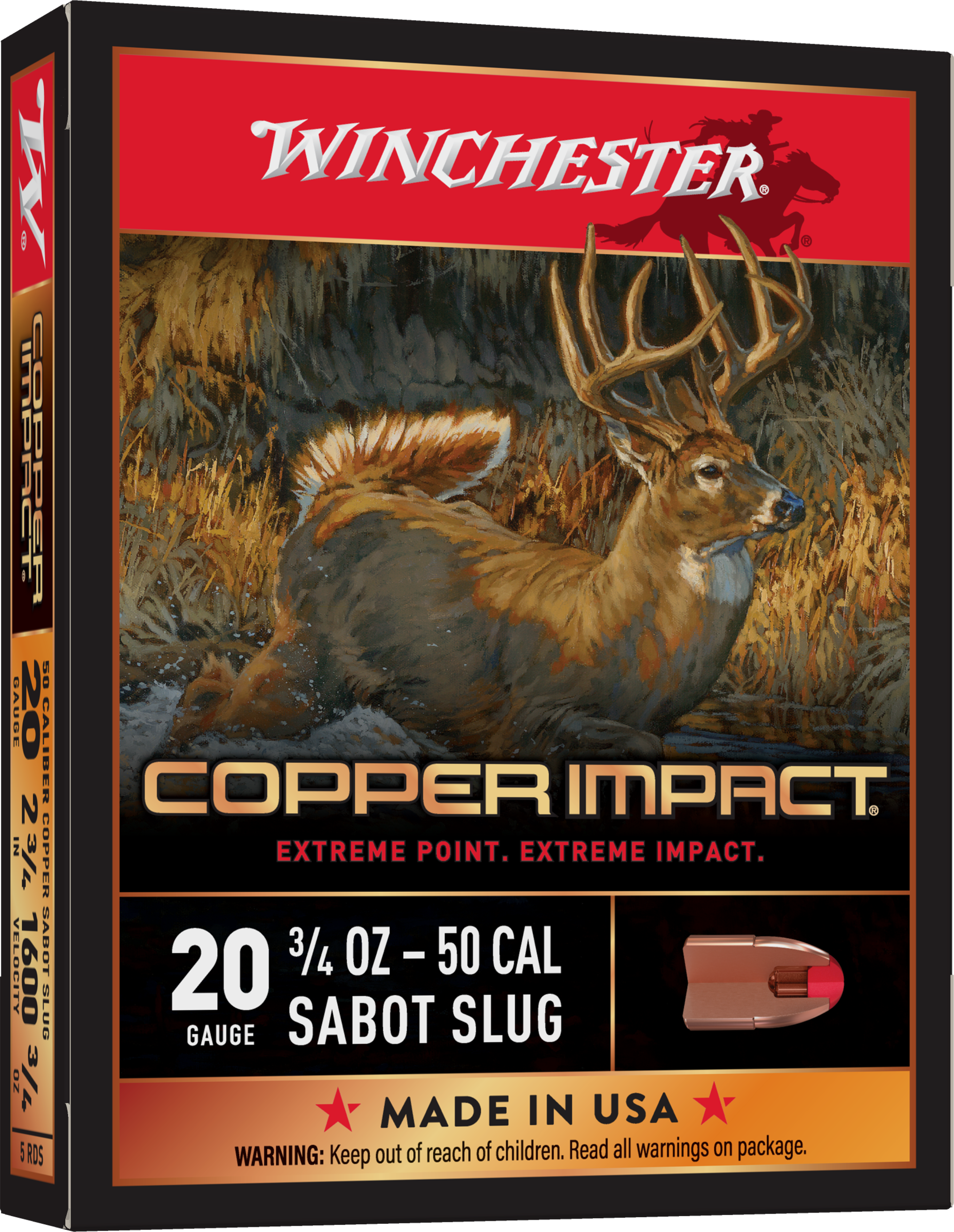 Winchester Copper Impact Ammunition 20 Gauge 2-3/4" 3/4 oz Copper Extreme Point Sabot Slug Lead-Free Box of 5