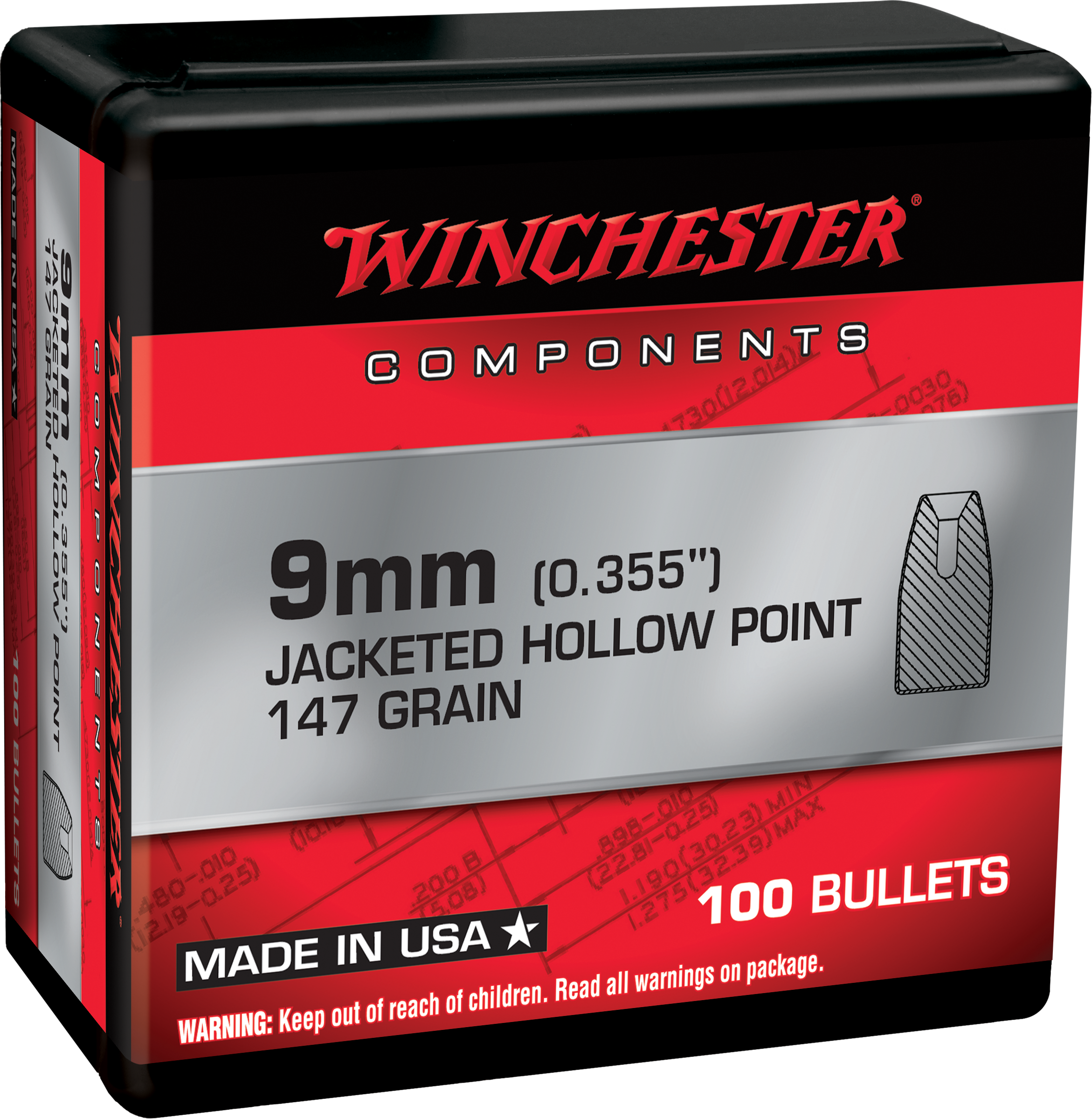 Winchester AmmoCenterfire Handgun Reloading 9mm Subsonic .355 147 gr Jacketed Hollow Point (JHP) 100 Per Box