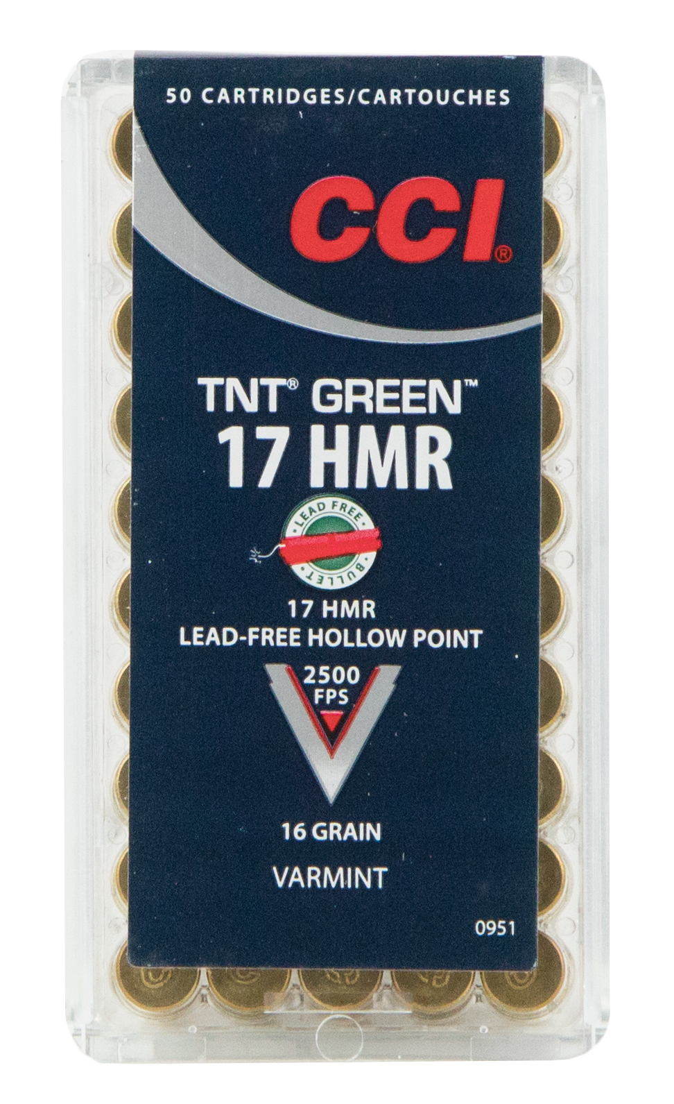CCI 951 Varmint TNT Green 17 HMR 16 gr 2500 fps Speer TNT Green Hollow Point (TGHP) 50 Bx/40 Cs