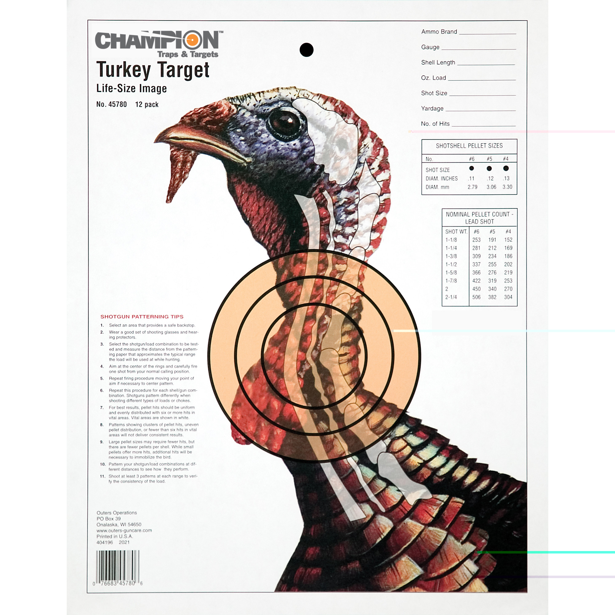 Champion Targets 45780 LifeSizeTurkey Hanging Paper Target, For Use With Pistol/Rifle, 14" x 18" Multi-Color 12 PK