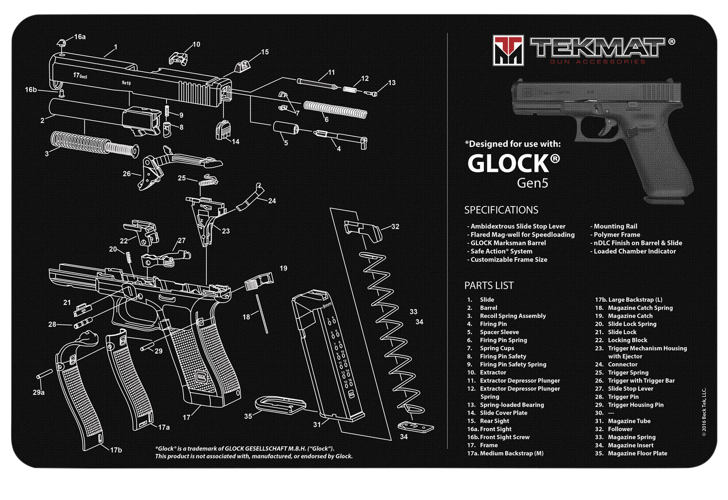 TekMat TEKR17GLOCKG5 Glock Gen5 Cleaning Mat Black/White Rubber 17" Long Glock Gen5 Parts Diagram