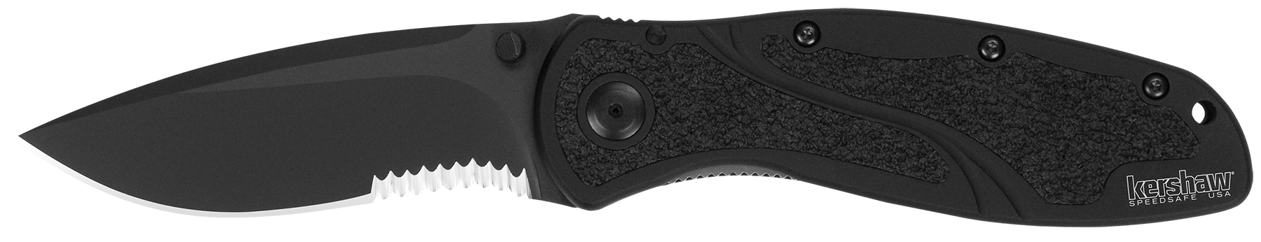 Kershaw 1670BLKST Blur3.40" Folding Drop Point w/Recurve Part Serrated Black DLC 14C28N Steel Blade Black Anodized Aluminum Handle Includes Pocket Clip