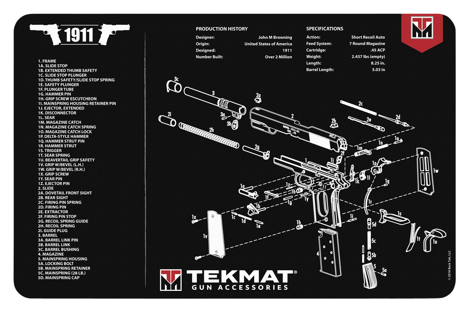 TekMat TEKR171911 1911 Cleaning Mat Black/White Rubber 15" x 20" 1911 Parts Diagram Illustration