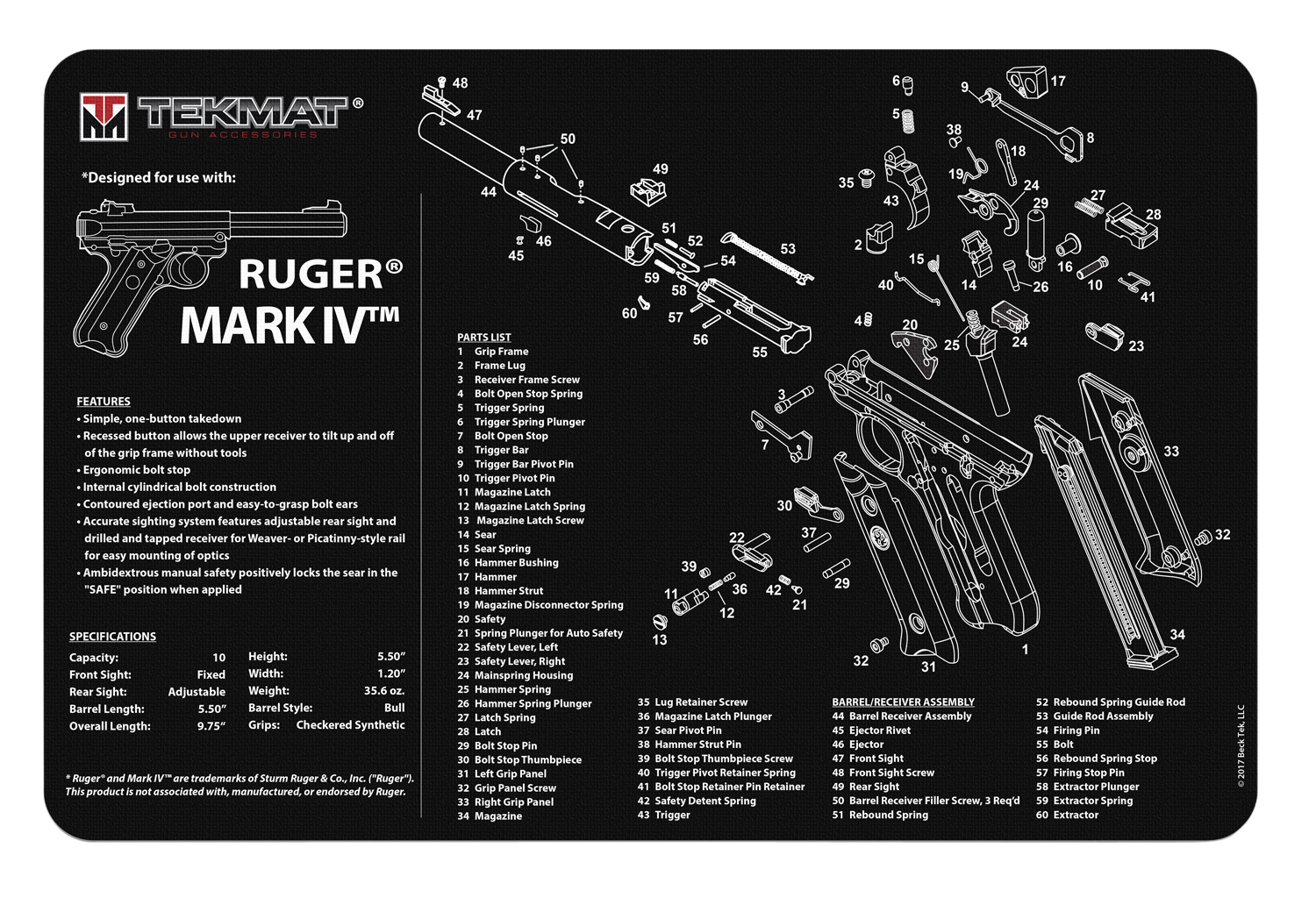 TekMat TEKR17RUGERMK4 Ruger Mark IV Cleaning Mat Black/White Rubber 17" Long Ruger Mark IV Parts Diagram