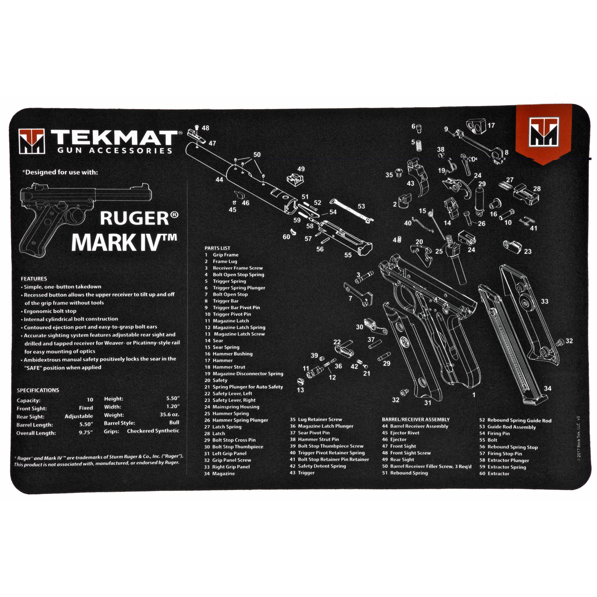 TekMat TEKR17RUGERMK4 Ruger Mark IV Cleaning Mat Black/White Rubber 17" Long Ruger Mark IV Parts Diagram