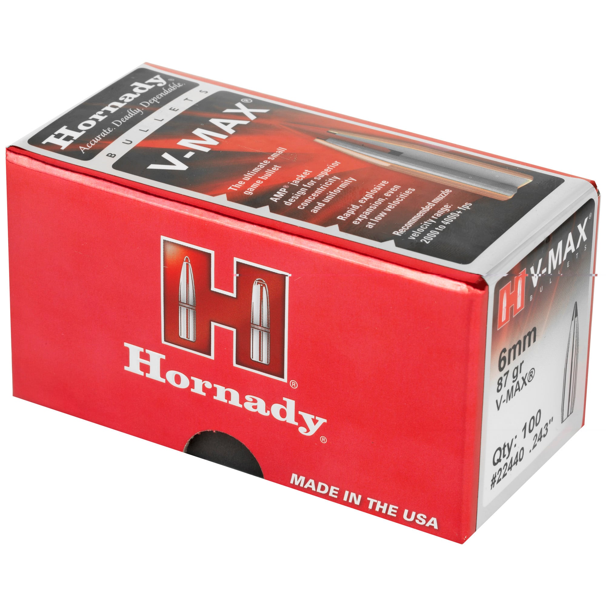 Hornady V-MAX Bullets 243 Caliber, 6mm (243 Diameter) 87 Grain Boat Tail Box of 100