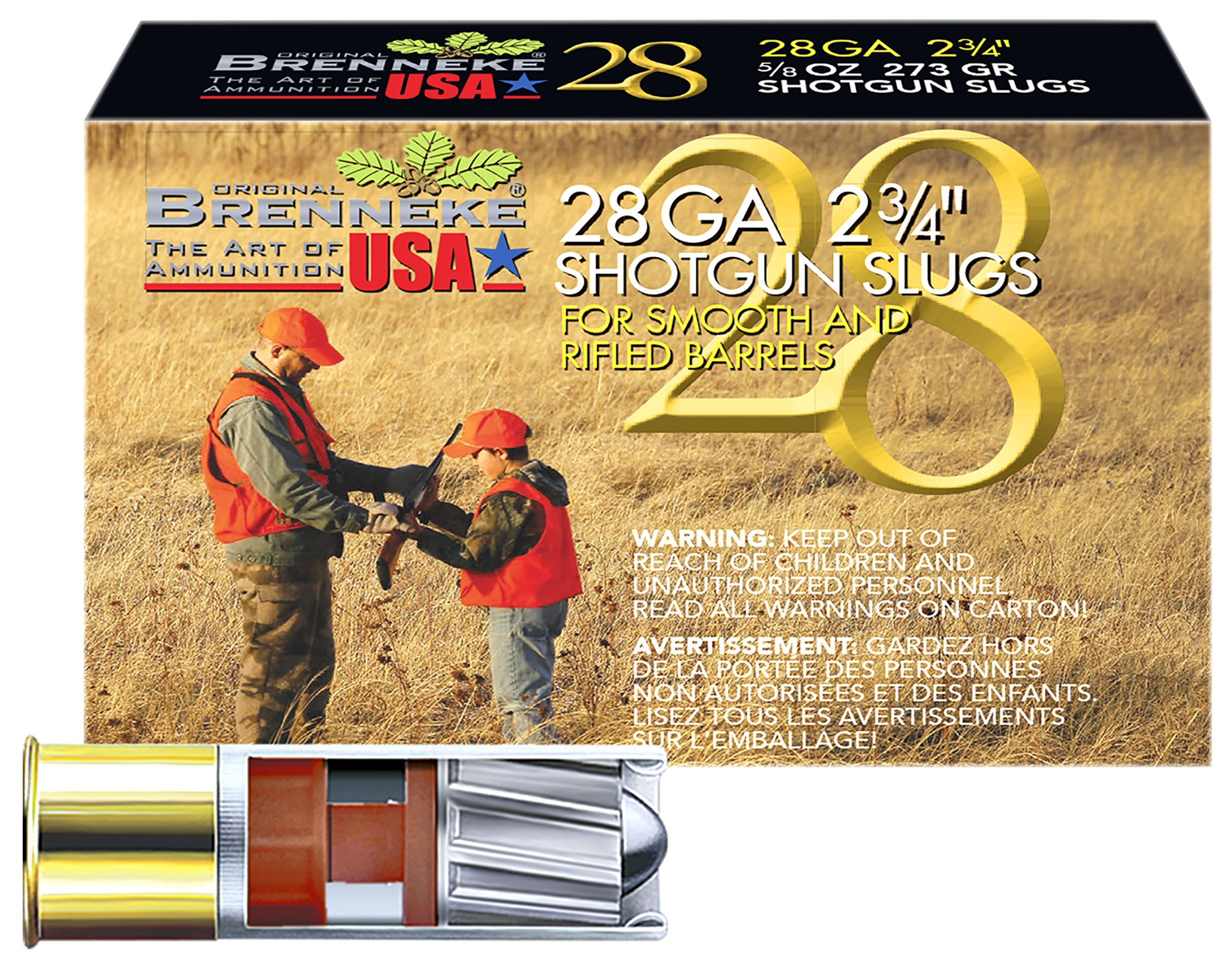 Brenneke SL282BR Brenneke 28 Hunting 28 Gauge 2.75" 5/8 oz Slug Shot 5 Per Box/ 50 Cs