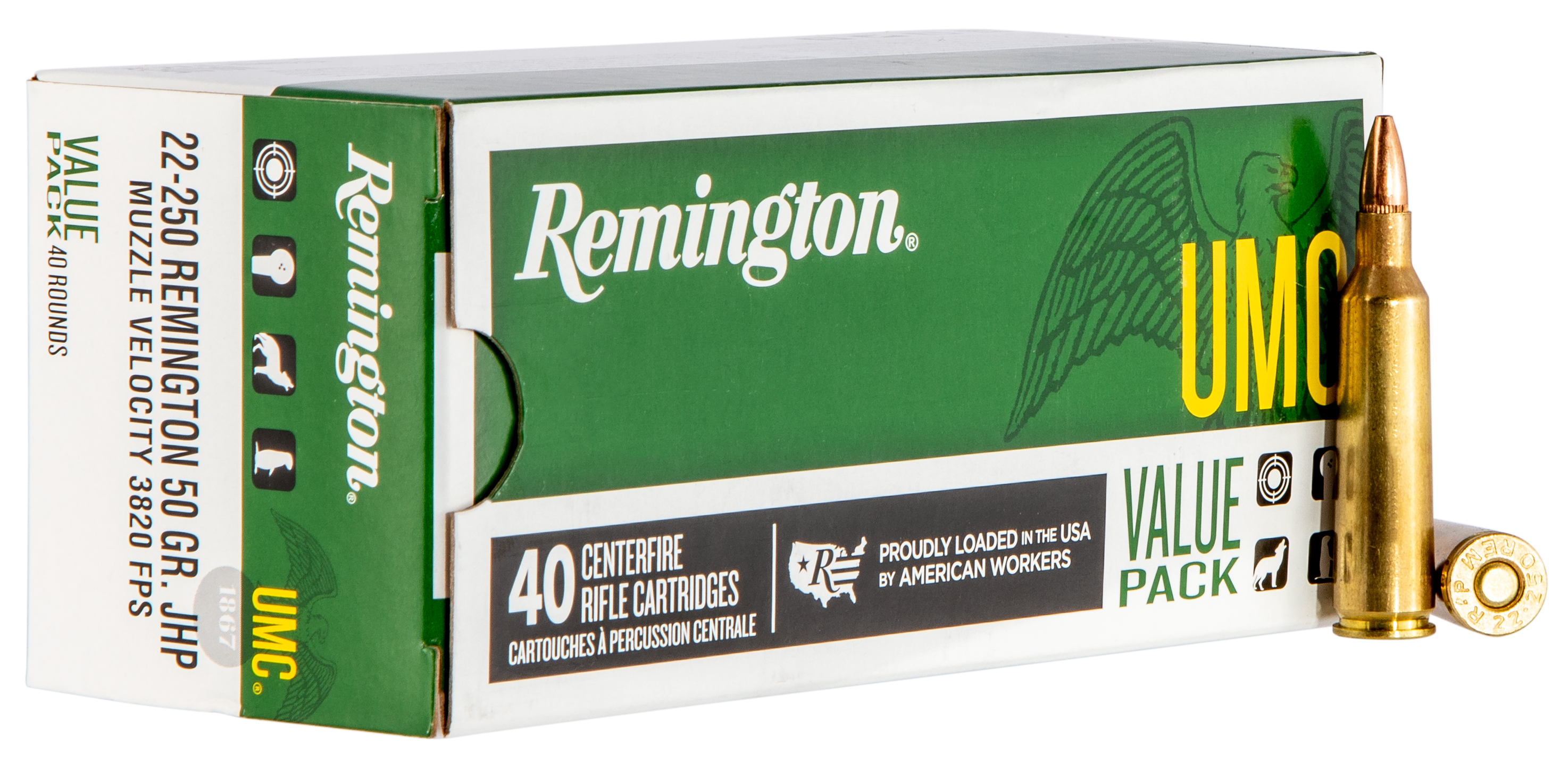 Remington Ammunition 23783 UMC Value Pack 22-250 Rem 50 gr Jacketed Hollow Point (JHP) 40 Per Box/ 10 Cs